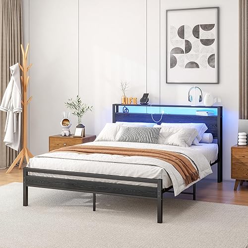 Miniatura 40 de Base de cama de tamaño matrimonial con cabecera de almacenamiento/estación de carga USB, marco de cama de plataforma de metal, tamaño matrimonial,