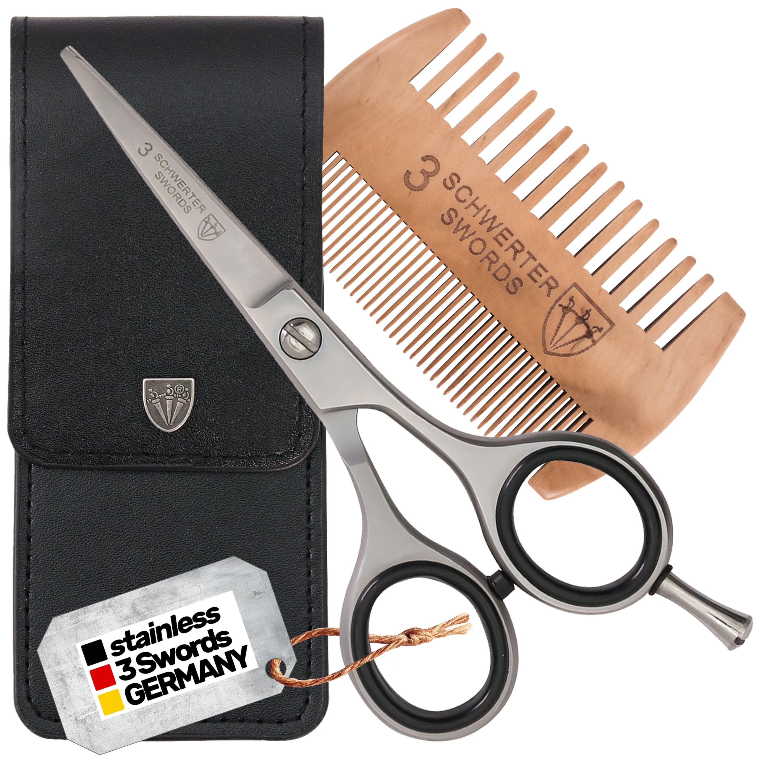 3 Swords Germany Women's Beard Scissors With Comb – Professional Beard Hair Scissors, Stainless Steel, Straight Blade, Sharp, With Wooden Beard Comb With Case