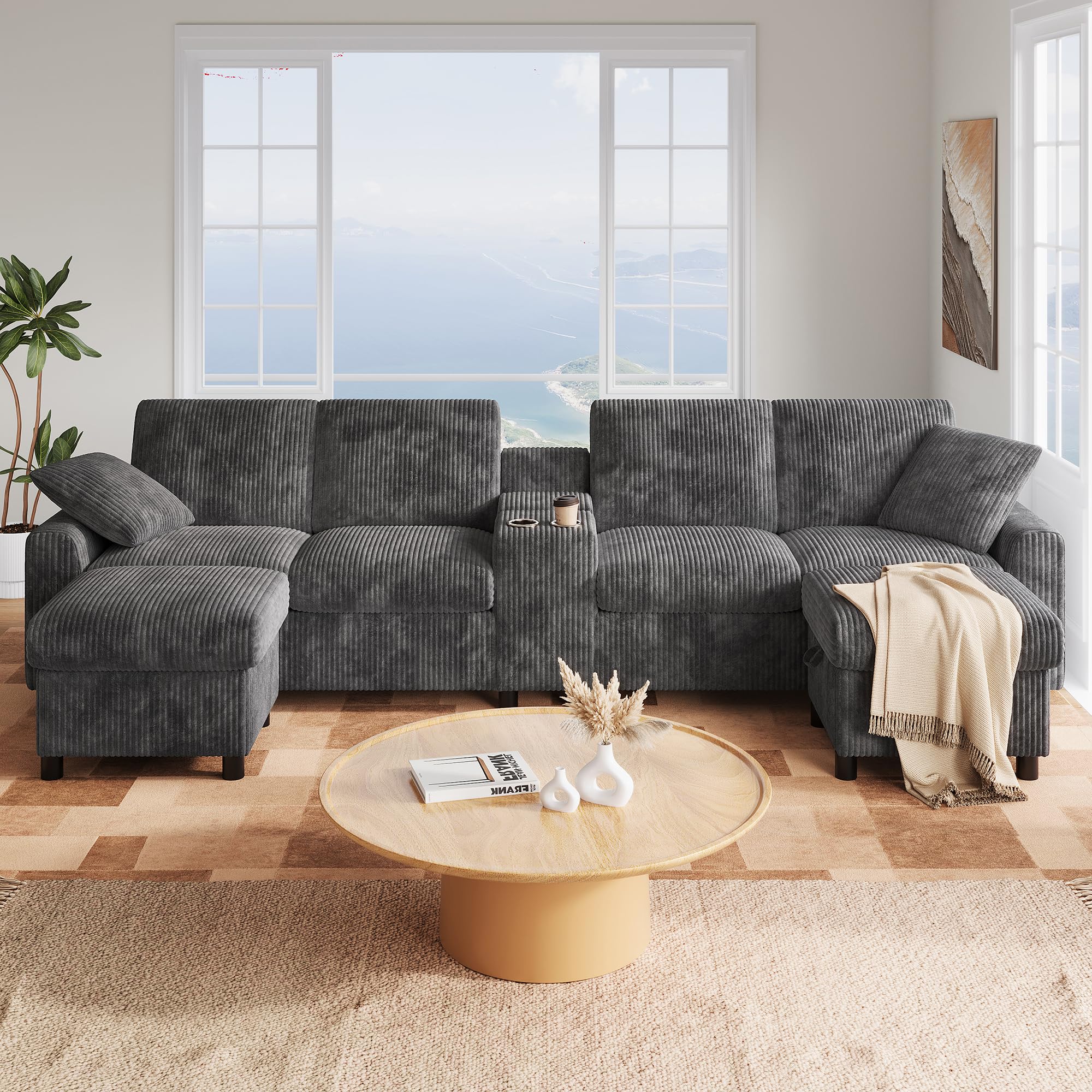 LAKFEW Sofa de 4 Plazas en U con USB C y 2 Reposapiés de Almacenaje, Sofas de Salon 4 Plazas con 2 Portavasos y 2 Cojines, Sofa Modular Rinconera, Couch, Pana, 315x135x81 cm, Gris