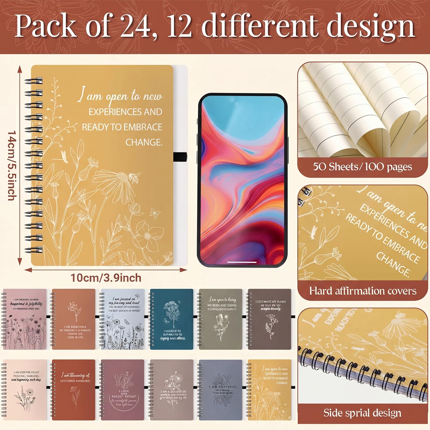 Kosiz 48 Pcs/24 Set Positive Affirmation Gifts Bulk for Women Gratitude Spiral Journals with Pens Motivational Notebooks Mothers Day Gifts for Mom Employee Coworker Teacher Nurse Volunteer (Vibrant)