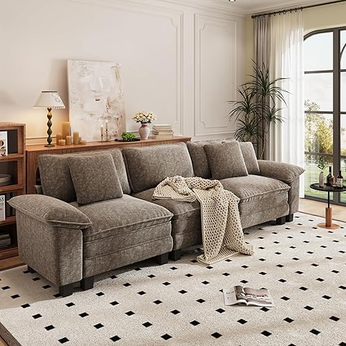 PHI VILLA Modern Modular Couches Sets, 123.6" Cloud Sectional Sofa with Upholstered Deep Seat, 3-Seater Couch for Living Room Small Spaces, Chenille Fabric, Smoky Grey