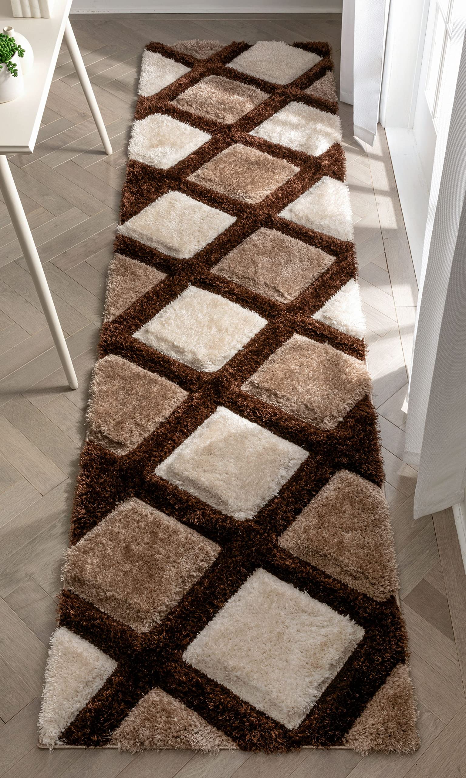 Well Woven Parker Brown Geometric Boxes Thick Soft Plush 3D Textured Shag Runner Rug (2'7" x 9'10")
