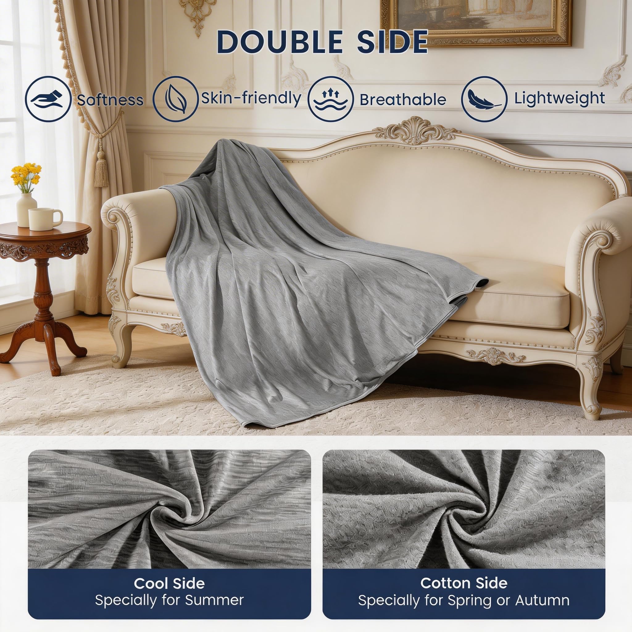 Manta Refrescante para Sudores Nocturnos, Manta Fresca De Verano para Quienes Duermen con Calor, Fibra Q-MAX > 0,45 para Cama Doble, Sofá, Silla, Viajes, Adultos, Niños, 200x220 cm, Gris