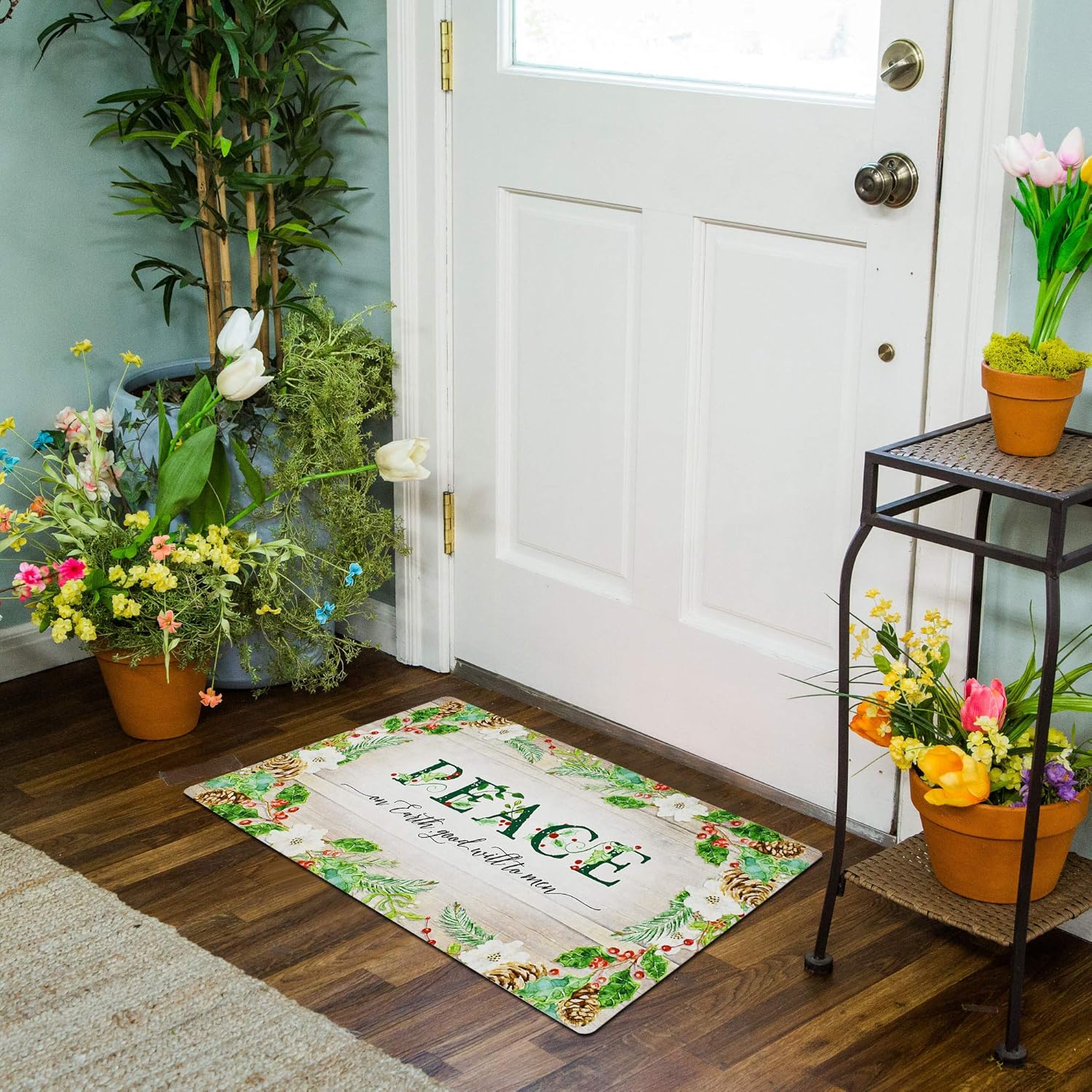 Christmas Welcome Doormat Front Door Mat, Rubber Back Non Slip Door Mat Entrance Rug Shoe Scraper 17.2" x 28.75", Low-Profile Printing Mat for Entry, Garage, Patio, High Traffic Areas (Green Peace)