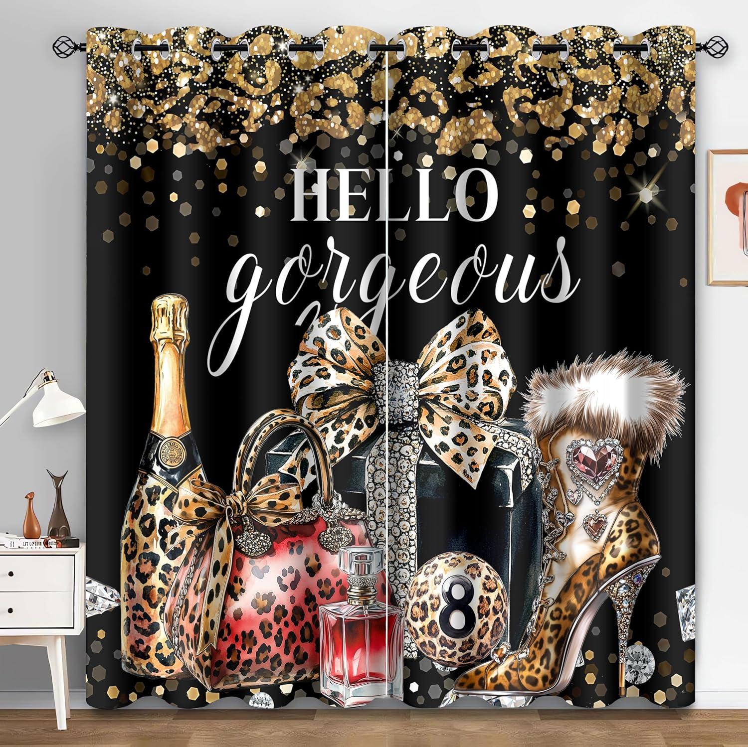 Leopard Print Black Gold Curtains,Cheetah Modern Fashion Bow Champagne 8 Ball Perfume High Heels Blackout Curtain,4284inch Luxury Hello Gorgeous Girly Insulated Drapes 2Panel HI01LC