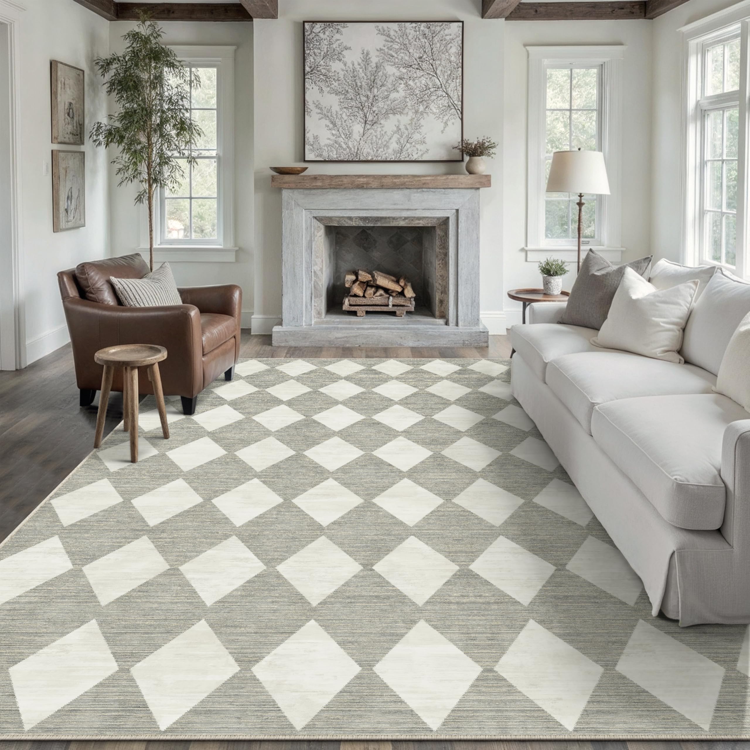 PureCozy Grey Living Room Area Rug, 240x300 cm Machine Washable Non Slip Checkered Boho Extra Large Rugs for Bedroom Dining Room Office, Stain Resistant Low Pile Carpet for Indoor Home Decor — image 1