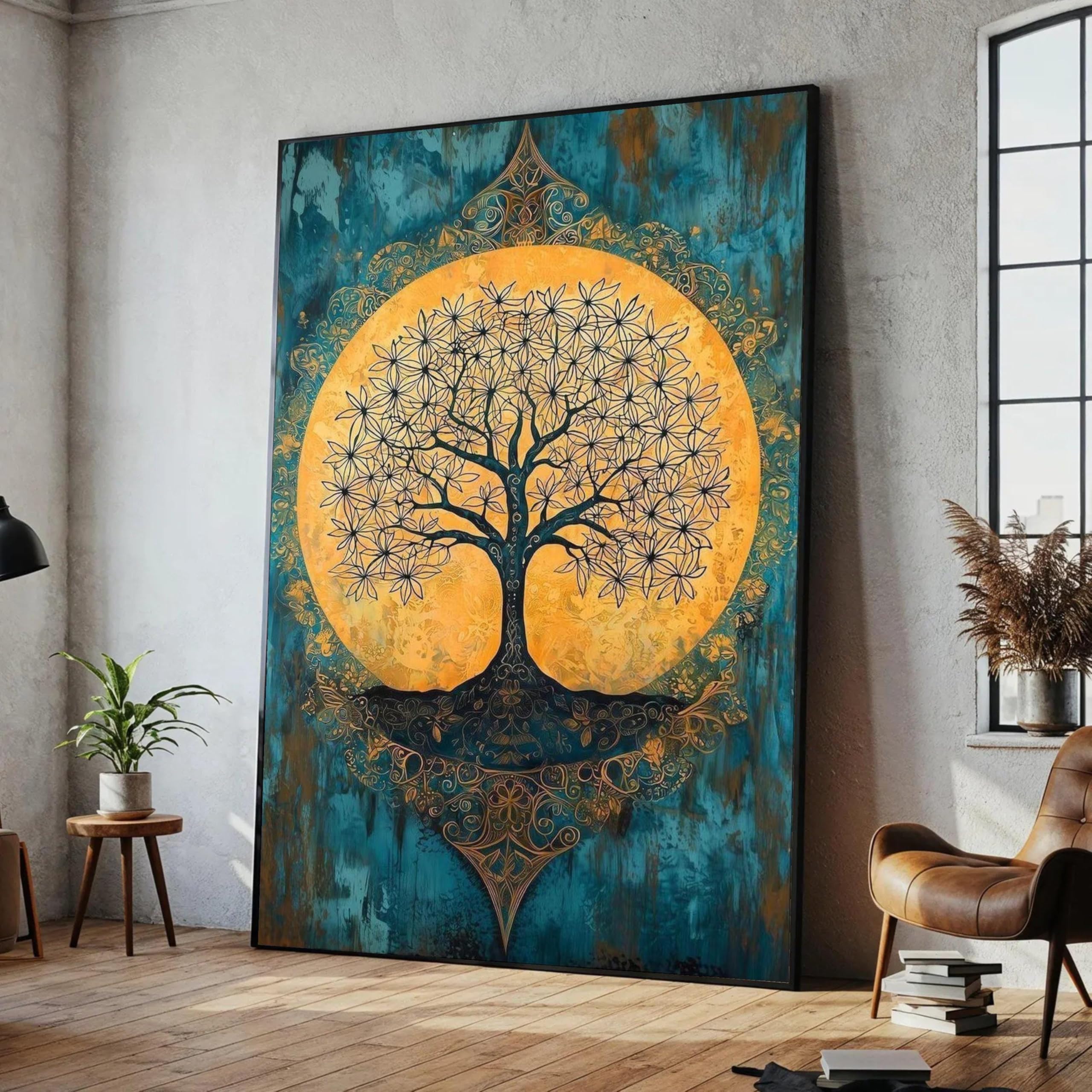 LMYCHENG Obraz na płótnie drzewo życia, niebieski i złoty plakat w stylu vintage, duchowy obraz boho na płótnie, dekoracja ścienna do domu (50 x 70 cm/wewnętrzna rama)