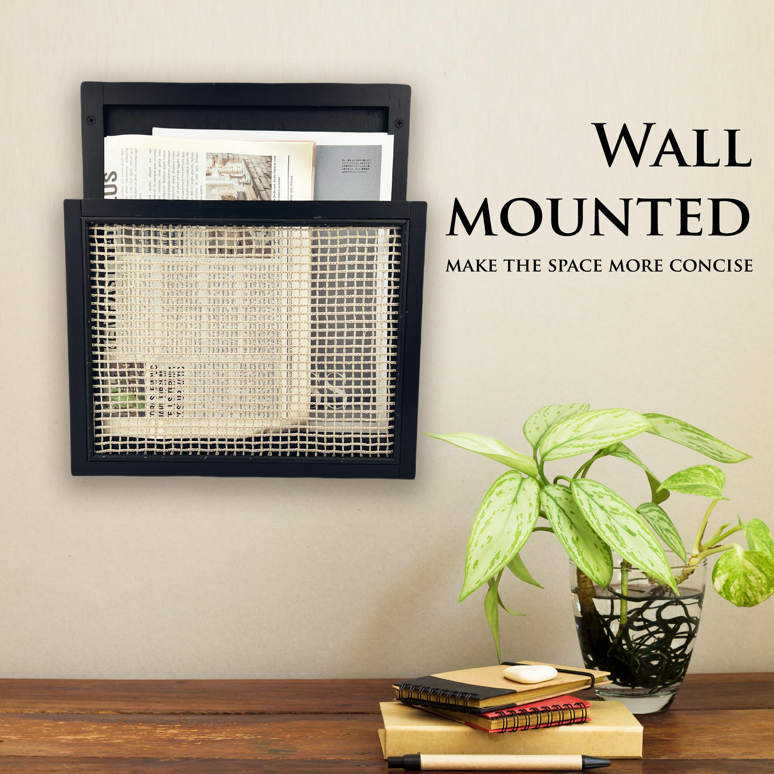 Pubgeer Wooden Wall Magazine Holder, Boho Style File Organizer,Wall Mounted Magazine Rack, File Holder For Entryway Living Room Kids’ room and Office, Hanging Mail Organizer (Black)
