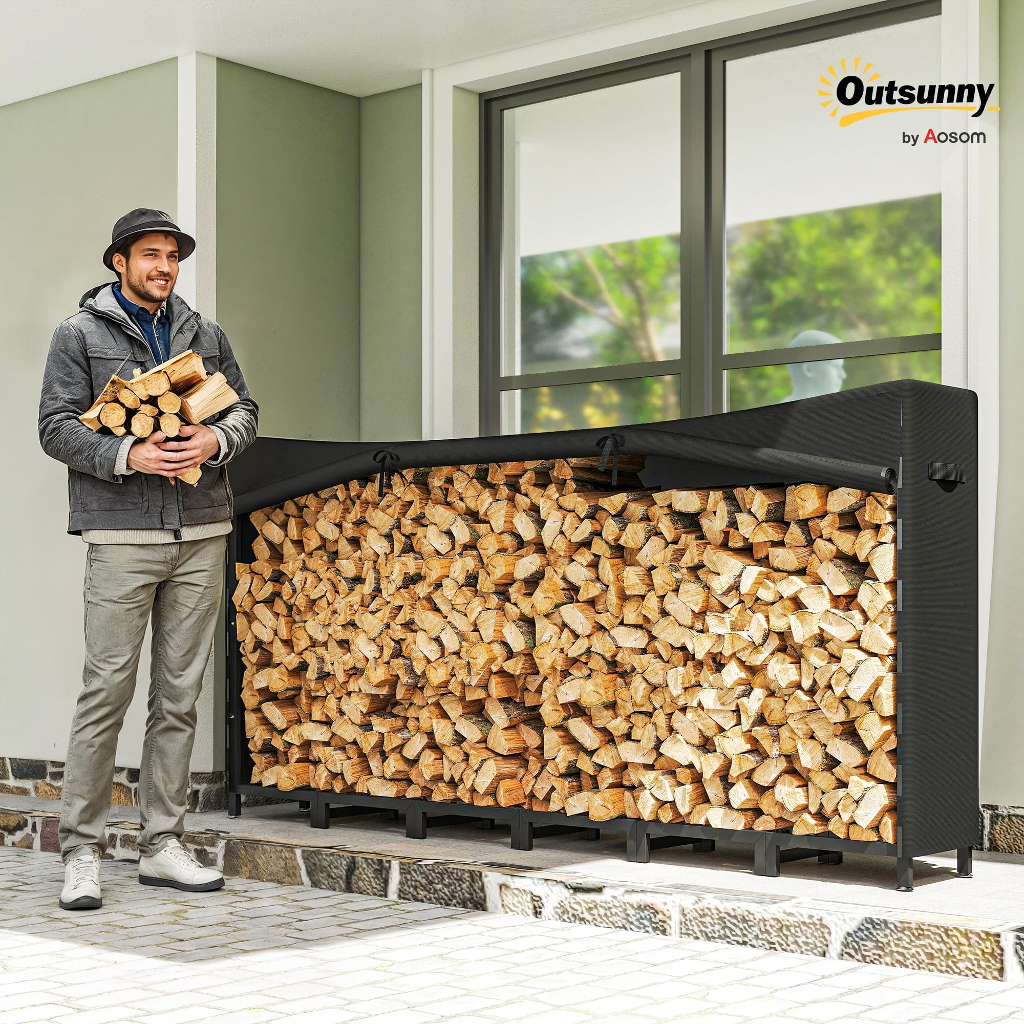 Outsunny Estante de Leña Metálico, 235x31x116 cm, Leñero Exterior con Cubierta Impermeable 600D Oxford, Marco de Acero y Cadenas de Acero, Soporte para Leña de Chimenea, Almacenaje para Madera, Negro