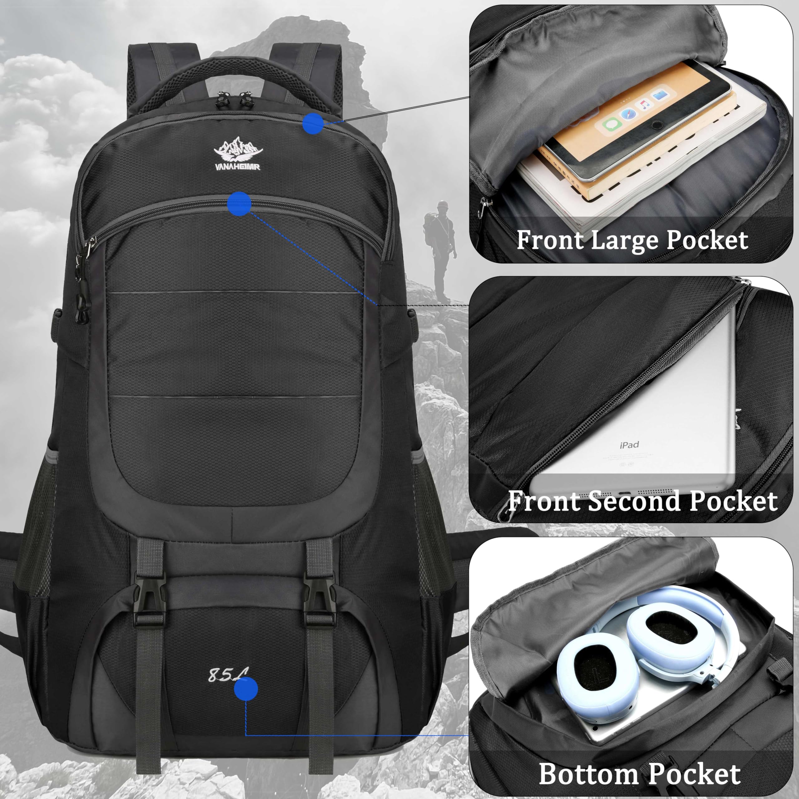 85 l Wanderrucksack, Camping-Rucksack, Jagd-Rucksack für Outdoor, wasserabweisend, taktischer Rucksack für Damen und Herren, Tiefes Blau, Large, Outdoor