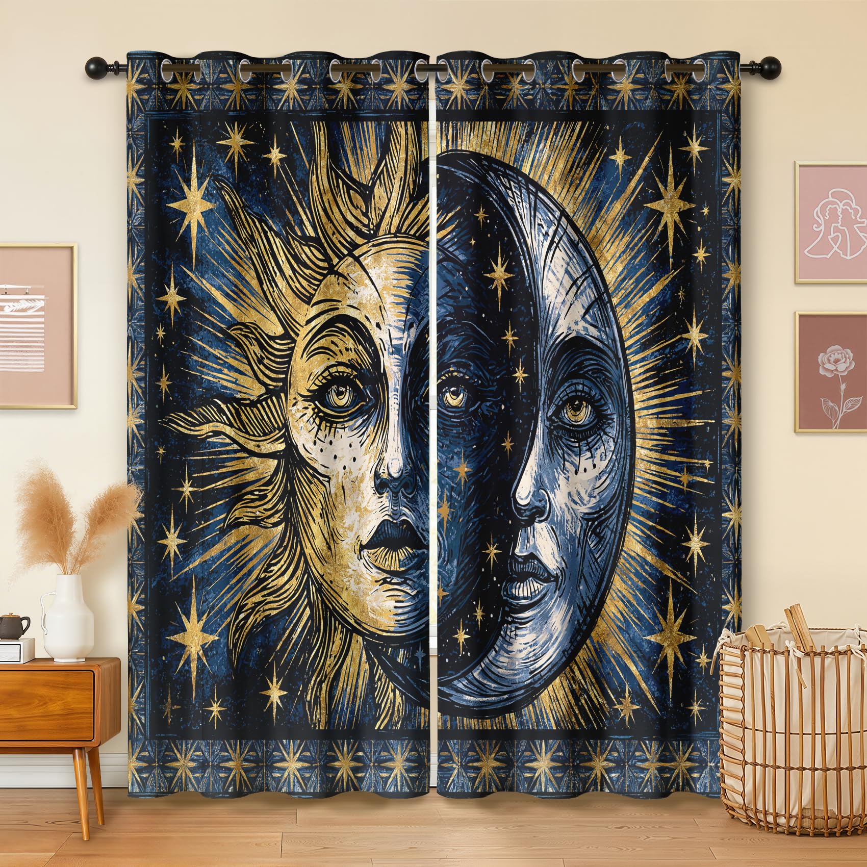 Havenix Sun Moon Astrology Blackout Curtains for Bedroom Living Room, 90 inch Drop Curtains 54x90, Thermal Insulated Eyelet Drapes for Windows, Celestial Navy Blue Gold Window Treatments, 2 Panels