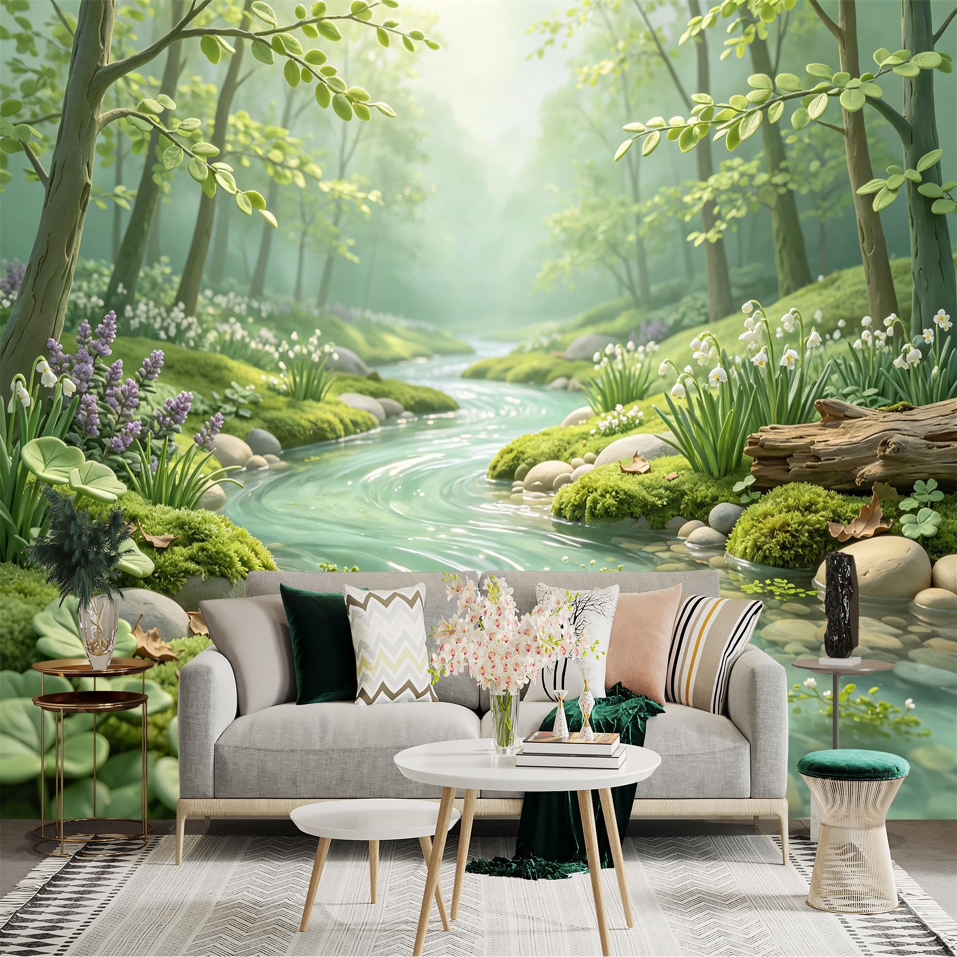 Lnzczhyre Bh260719518 Custom Size Wall Sticker Mural， Serene Forest Stream With Wildflowers， Tranquil Woodland Brook， Peaceful Nature Landscape， For Wall Decoration， Peelandstick Wall Decals.