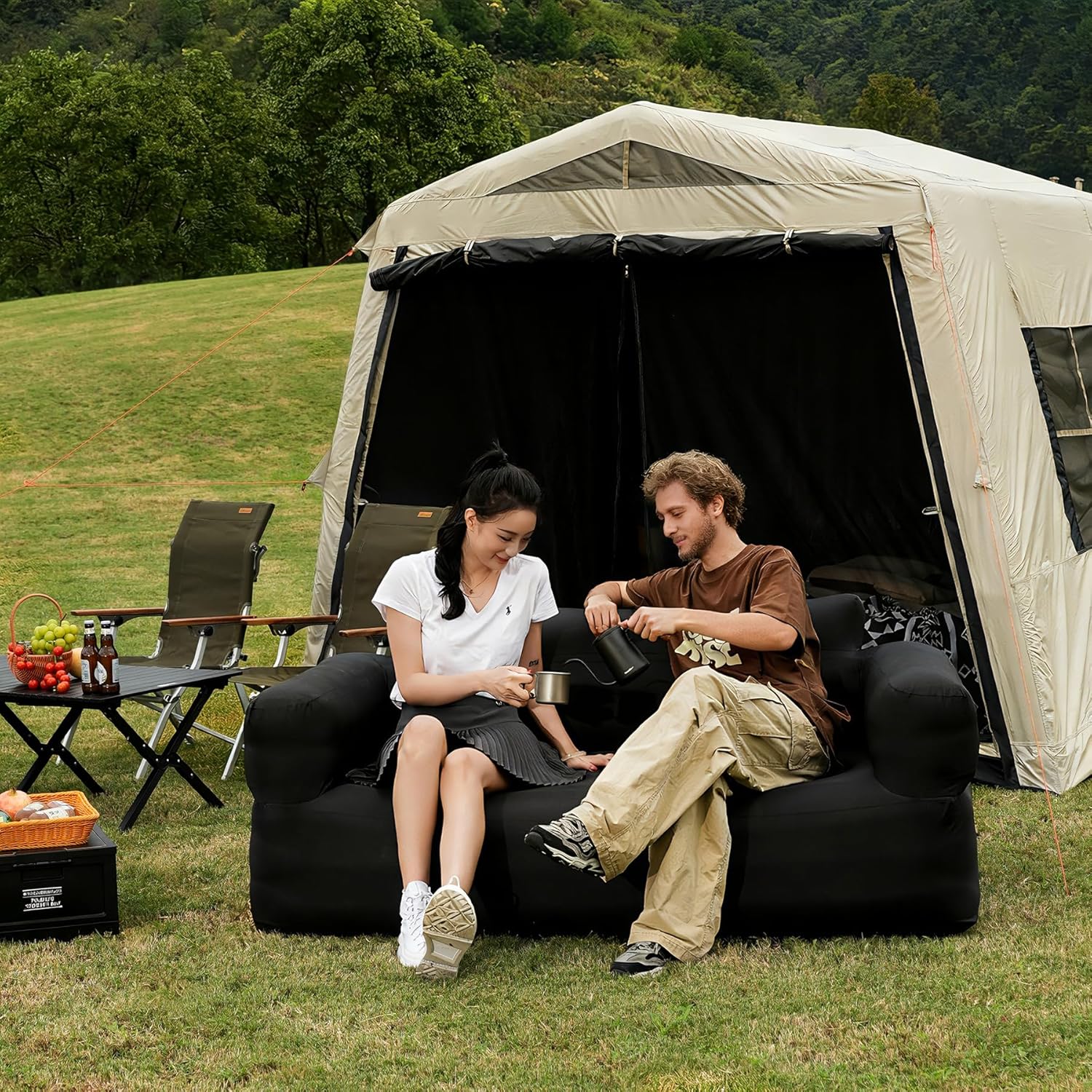 Inflatable Couch for Camping with Built in Pump Portable Blow Up Sofa with Puncture Resistant Cover for Outdoor Backyard Inflatable Furniture (Black)