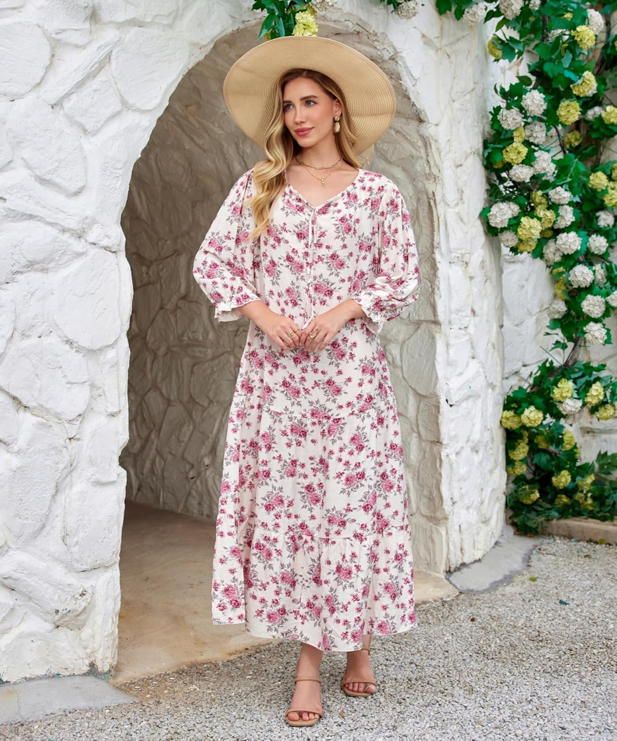 Women 3/4 Sleeve Straight Loose Fit Long Floral Tie Front Holiday Elegant Rayon Dress with Pockets - Image 3