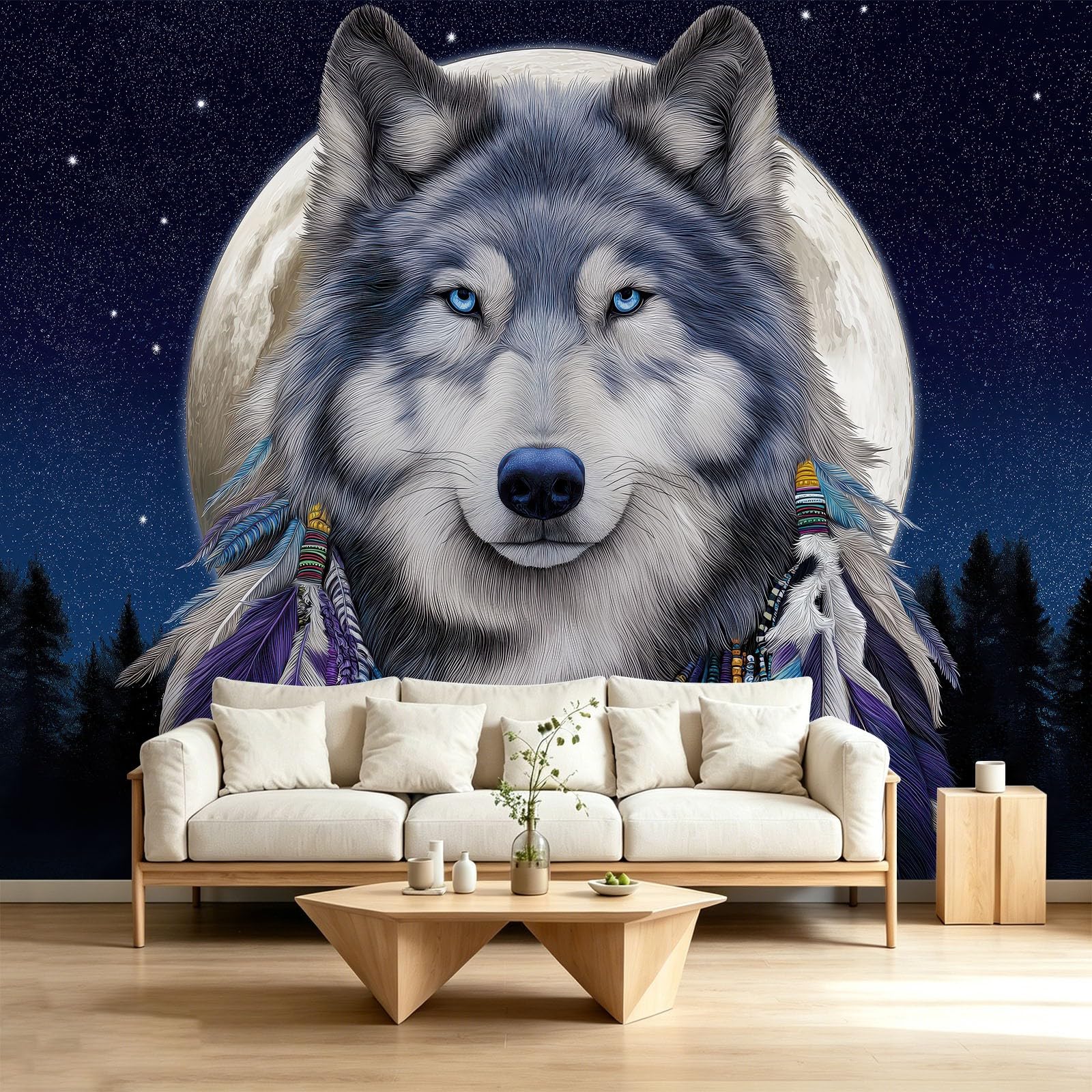 Vlies Tapete Fototapete 3D Effekt Tiere Wolf Traumfänger 250 x 175 cm - Wandbild für Schlafzimmer - Vliestapete Wandtapete für Kinderzimmer Flur Wanddekoration Bildtapete Nachthimmel Sternenhimmel