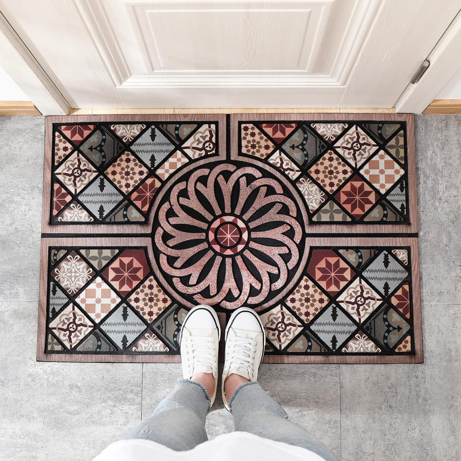 Durable Front Door Mat 24"x36" Large Outdoor Welcome Door Mat，Heavy Duty Non-Slip Rubber Entrance Doormat Apply to Home High Traffic Area Outside Entry Way Doormat，Flower Vintage Pattern