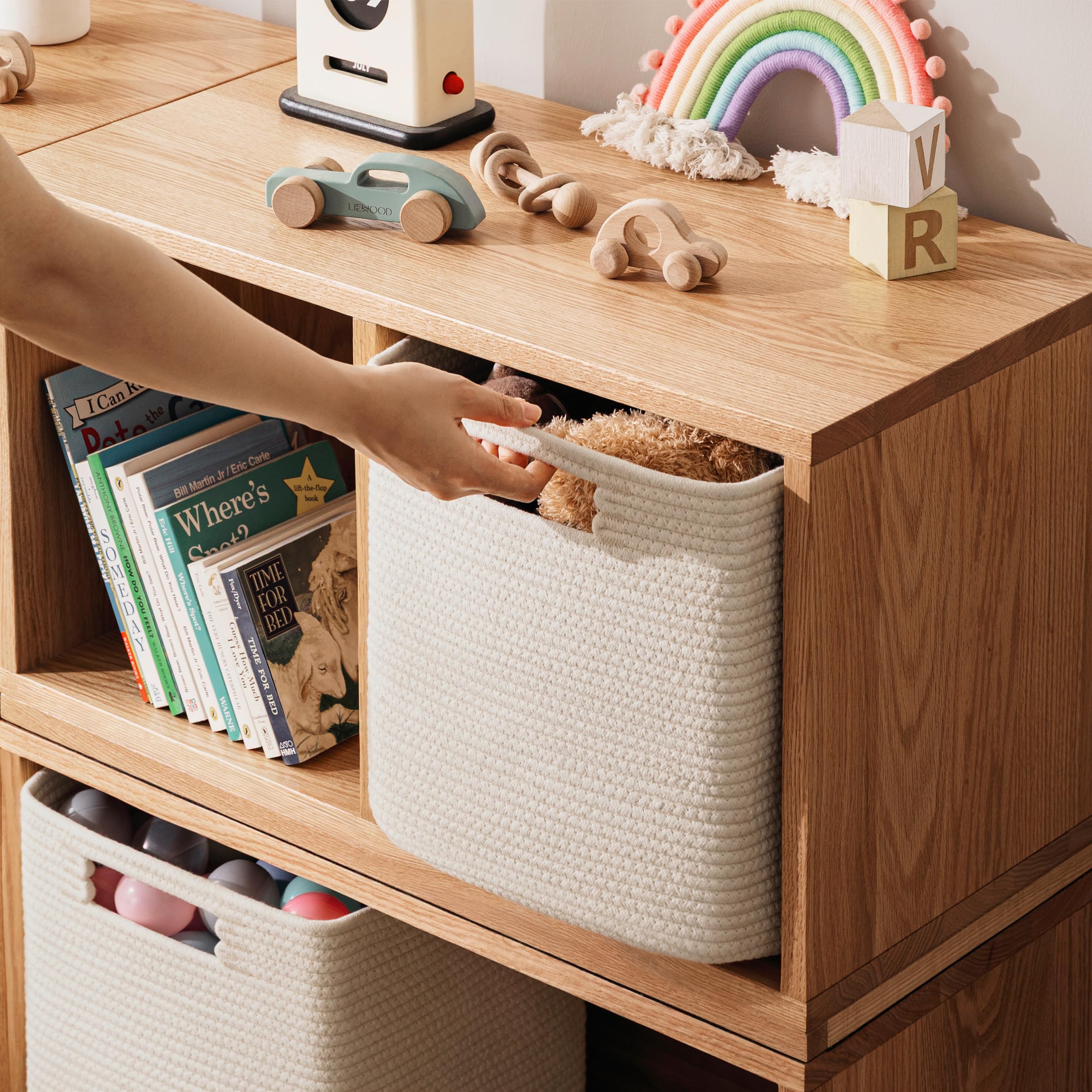 UBBCARE Zestaw 4 koszy do przechowywania – 11 x 25 x 25 cm, bawełniany kosz linowy na półki, zabawki, książki, kosze do przechowywania kostek z uchwytami, tkany kosz do przechowywania do organizacji,