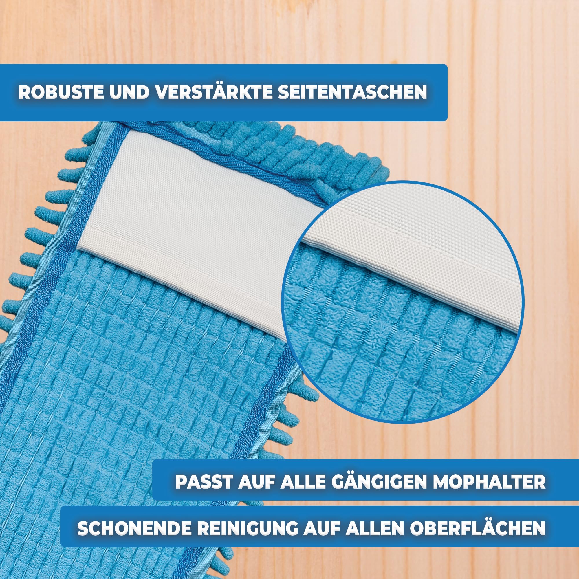Mopa de chenilla, 10 unidades, color azul, 50 cm, de microfibra para suelos sensibles, para el cuidado del suelo, para todos los soportes plegables, funda para mopa