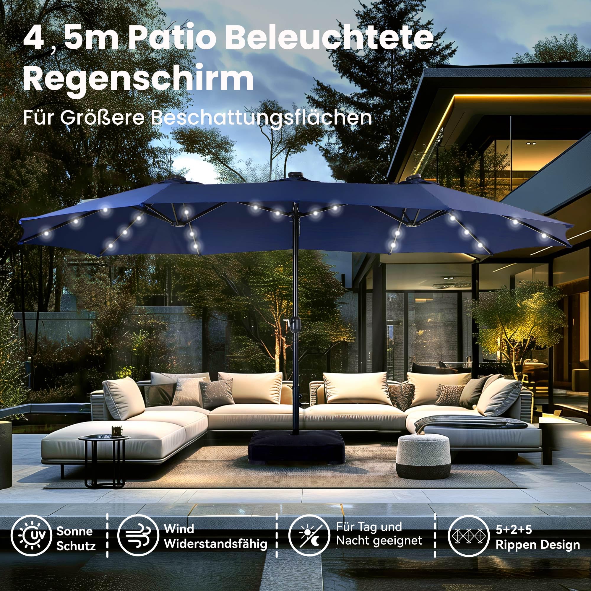 PHI VILLA Sombrilla rectangular con soporte, 450 x 270 cm, para balcón, jardín, jardín, con manivela LED, protección UV, resistente al viento