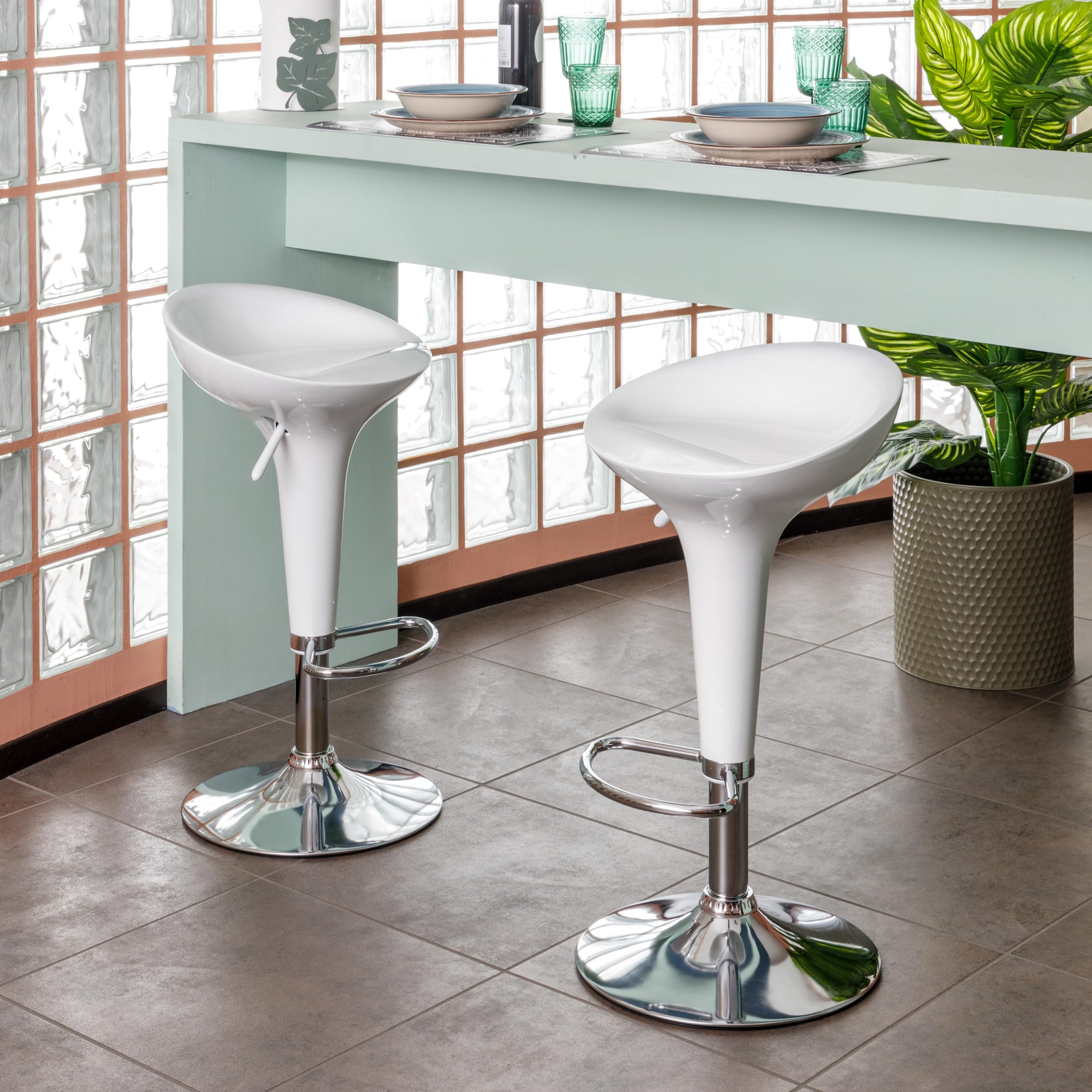 Baroni Home Swivel Bar Stool with Adjustable Height, Plastic Seat, Chrome Base with Footrest and Anti-Scratch Bottom, Kitchen Stool and Peninsula, 40 x 45 x 59-79 cm, White 1 Piece — view 2