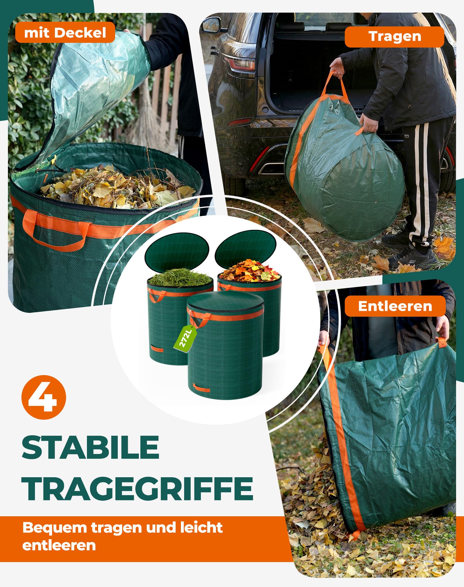 LAOYE 3x Gartenabfallsack Stabil mit Deckel 272L Laubsack Groß Gartensack Selbststehend Grünschnittsack Grünabfallsäcke Garten Abfallsack für Laub Rasen