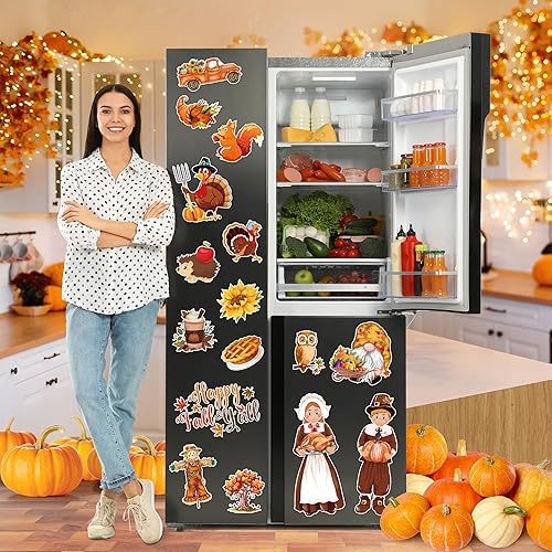 Miniatura 5 de Imanes decorativos de Acción de Gracias, 16 unidades, calcomanías magnéticas impermeables para decoración del hogar y cocina de peregrinos de Acción