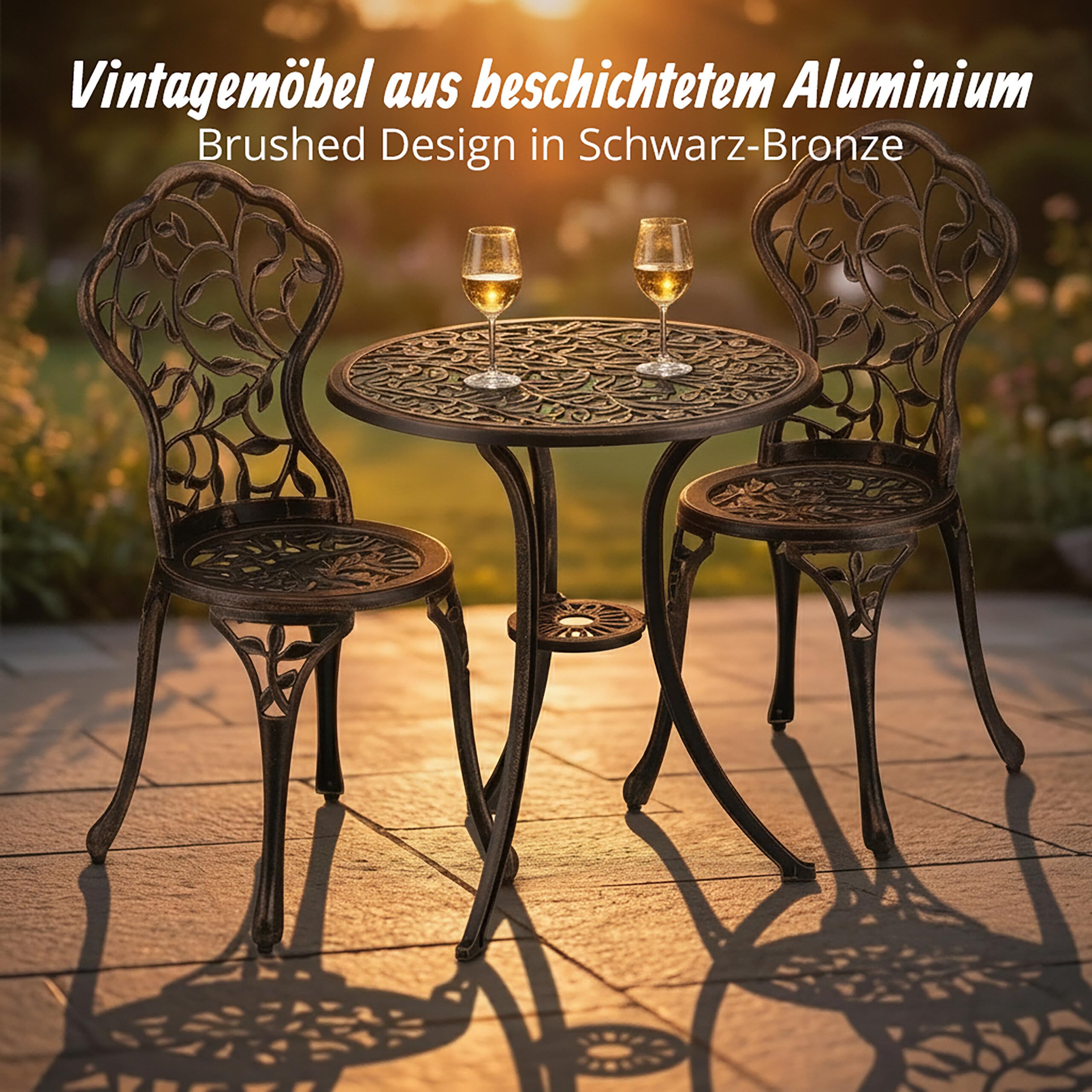 Relaxdays Balkonmöbel Set, 3-teilig, Balkontisch mit 2 Stühlen, Bronze