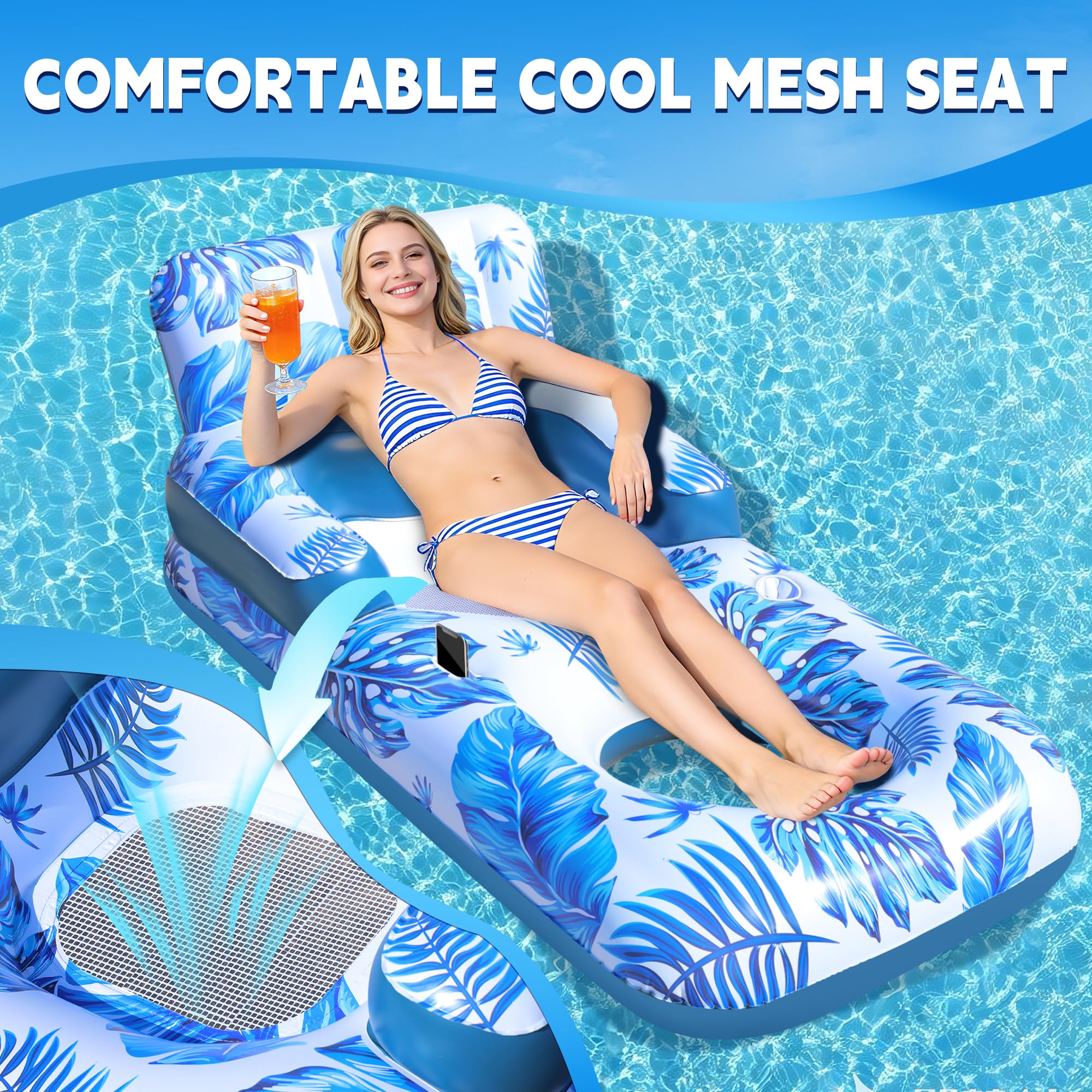 ChlorBlu Colchoneta Piscina Adultos,Flotadores Piscina con Soportes para Vasos y Teléfono,Hinchable para Piscina con Reposacabezas,Respaldo y Reposapiés,Engrosada Sillon Hinchable Piscina de Bronceado