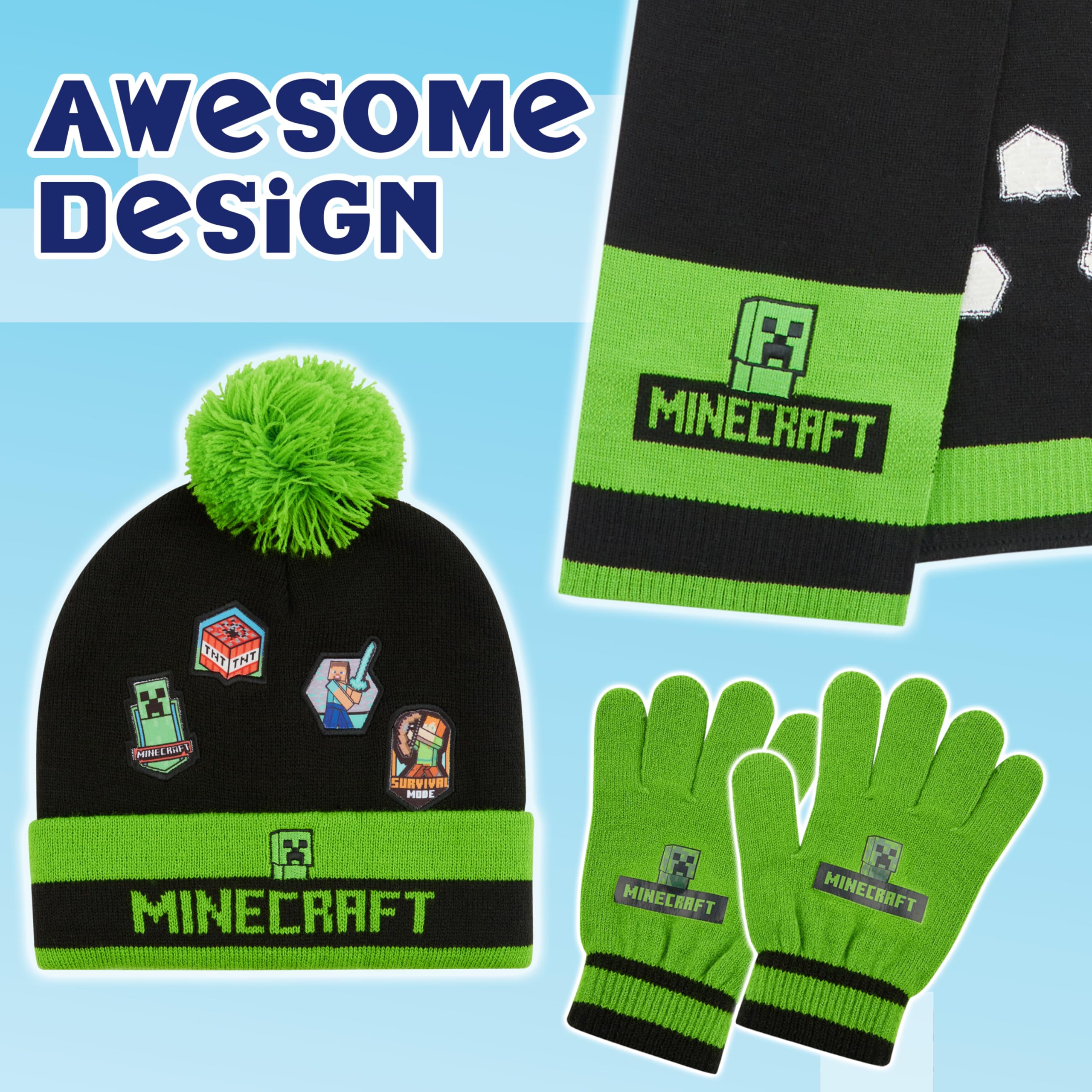 Minecraft Gorro Invierno Set de 2 o 3 Piezas, Gorro Pompón y Guantes con o sin Bufanda, Accesorios de Invierno, Regalos Niños