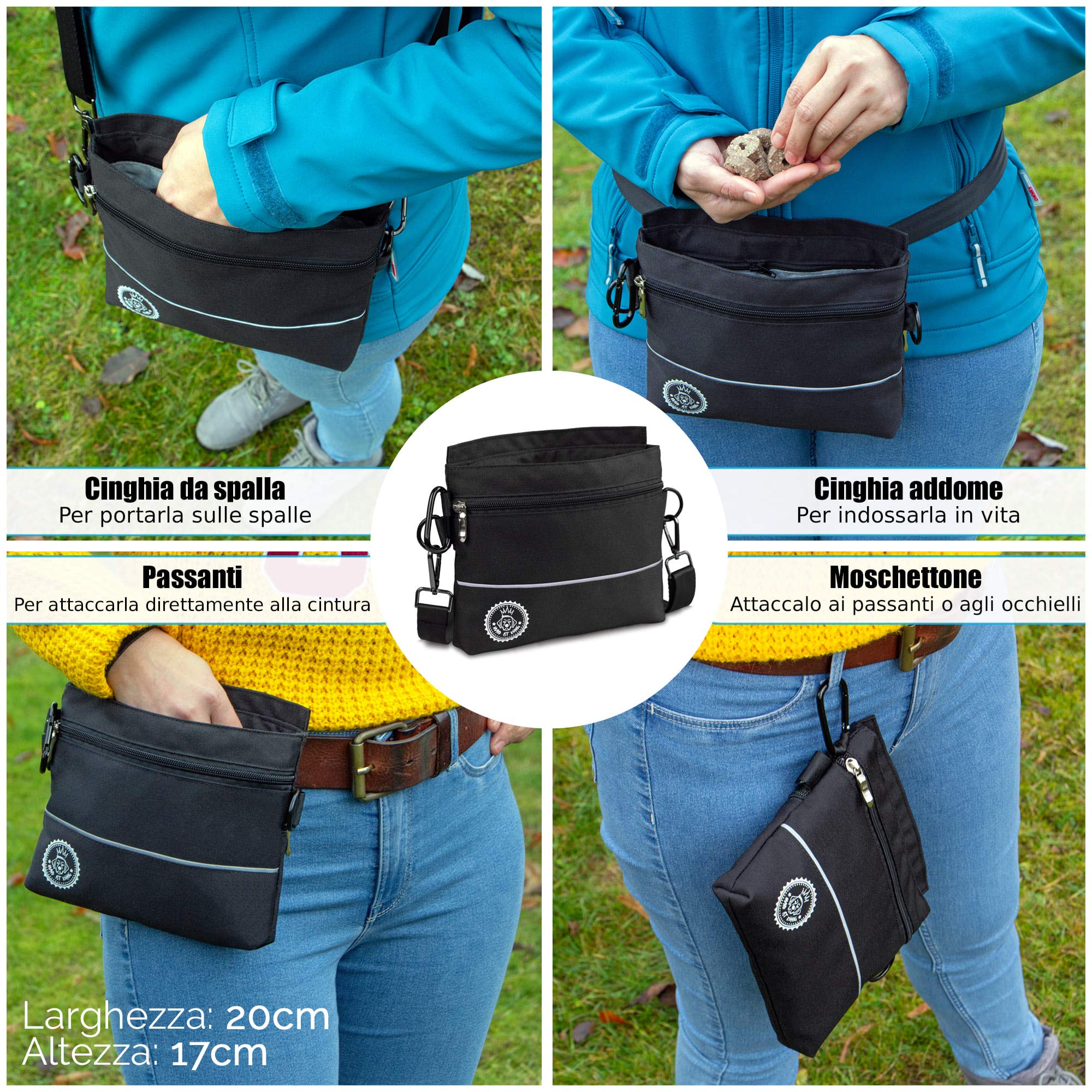 Borsa per premietti cane con tasca magnetica a una mano, 2 tasche con cerniera, tasca interna rimovibile, cinghia per spalla imbottita, moschettone gratuito, perfetto per addestramento agility canino