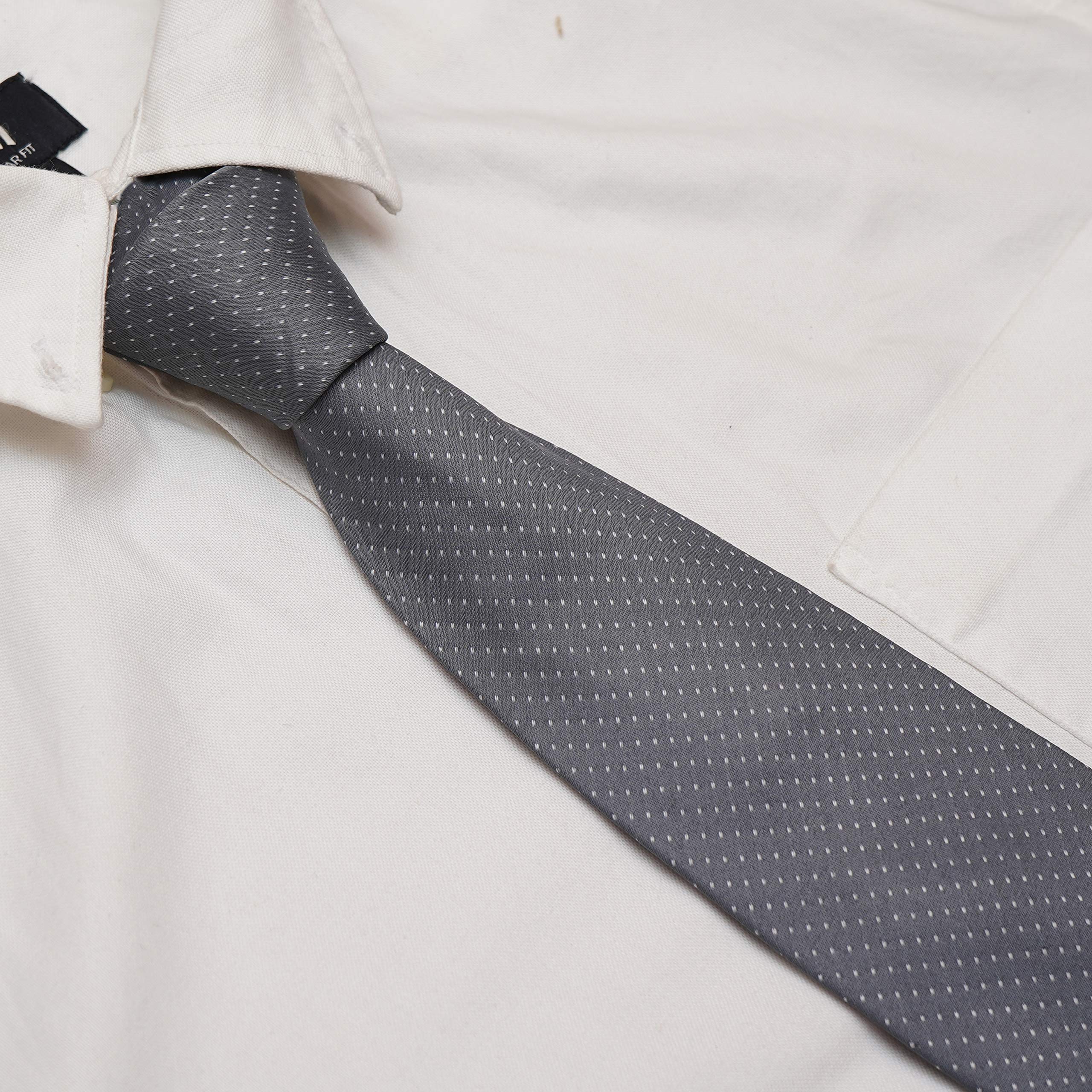RIZORO Tie for Men – Dotted Silk Neck Ties Set with Cufflinks Flower Pin, Pocket Square & Black Gift Box, Combo Necktie Sets for Office Wear, Formal Suits & Weddings (Grey, D1GYRX) 2