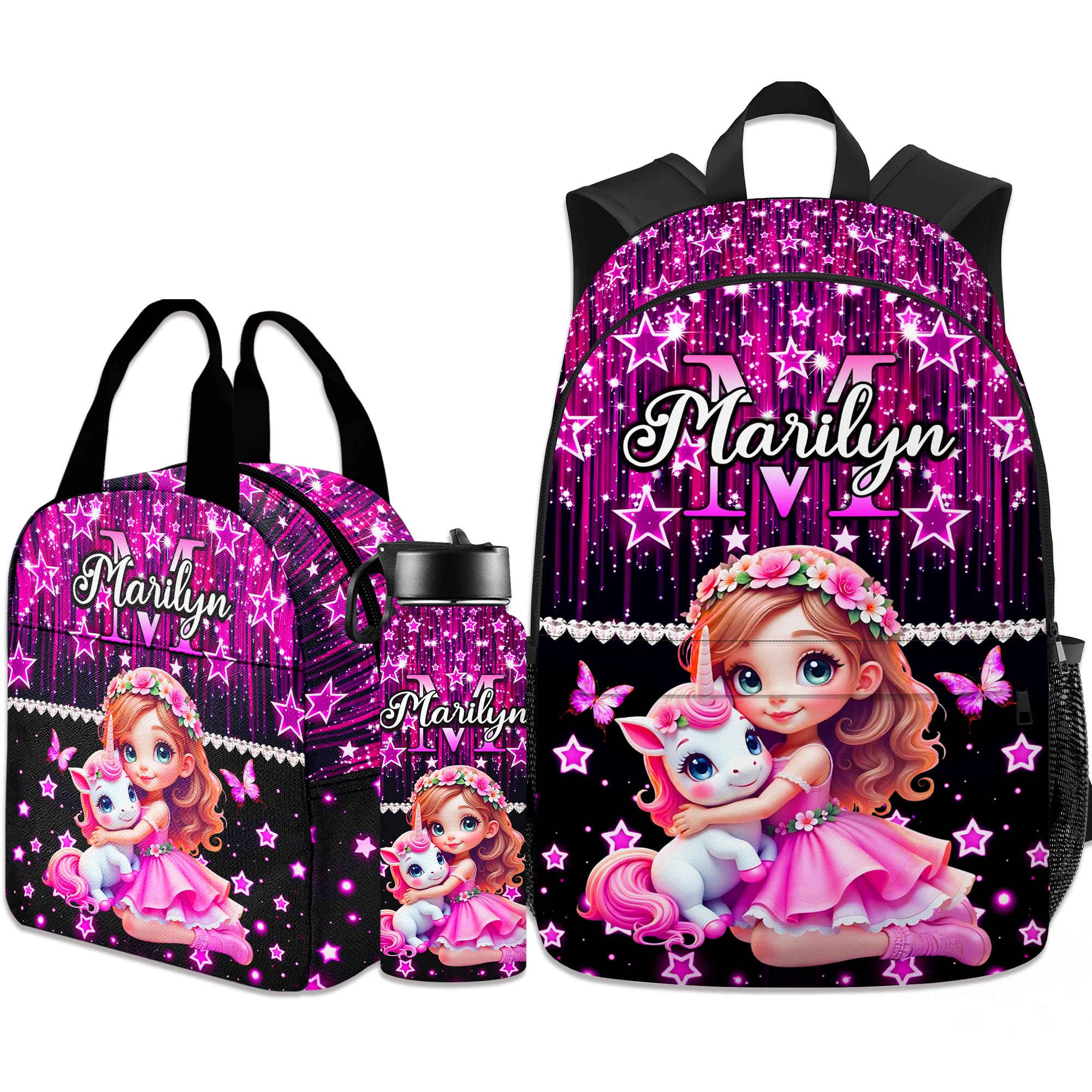 M YESCUSTOM Custom Backpacks for Girls Boys Kids Personalized Name Backpack with Lunch Box, Back to School Gifts Bookbag Set School Bags for Students