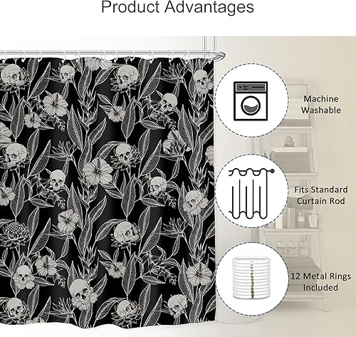 Miniatura 3 de AMBZEK Cortina de ducha con diseño floral de calavera gótica, 60 pulgadas de ancho x 72 pulgadas de largo, para hombre, esqueleto gótico,