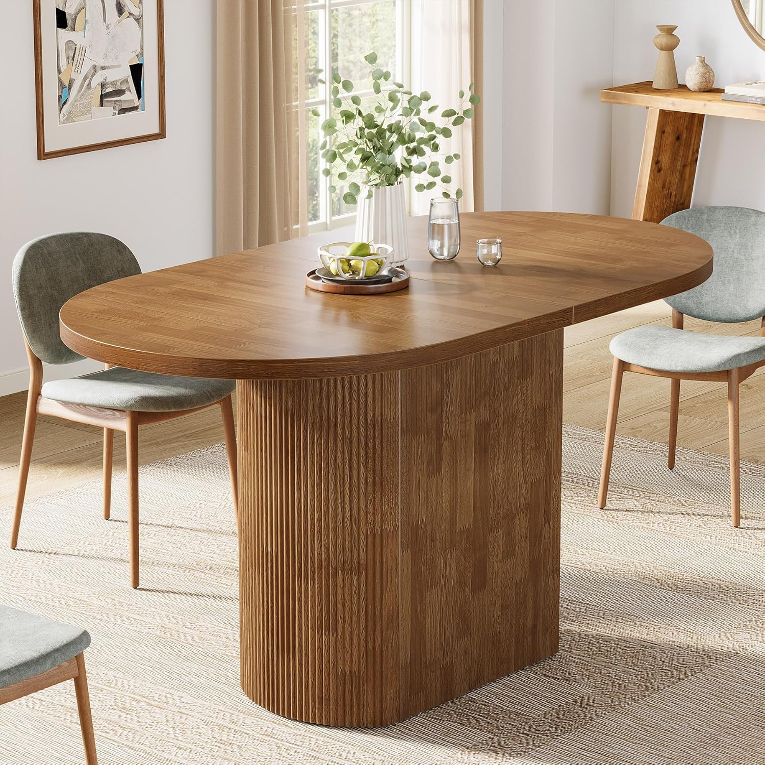 Tribesigns 47.24 Inch Oval Dining Table for 4, Rustic Wooden Kitchen Table with Wooden Base, Small Dinner Table for Dining Room, Kitchen, Living Room, Brown