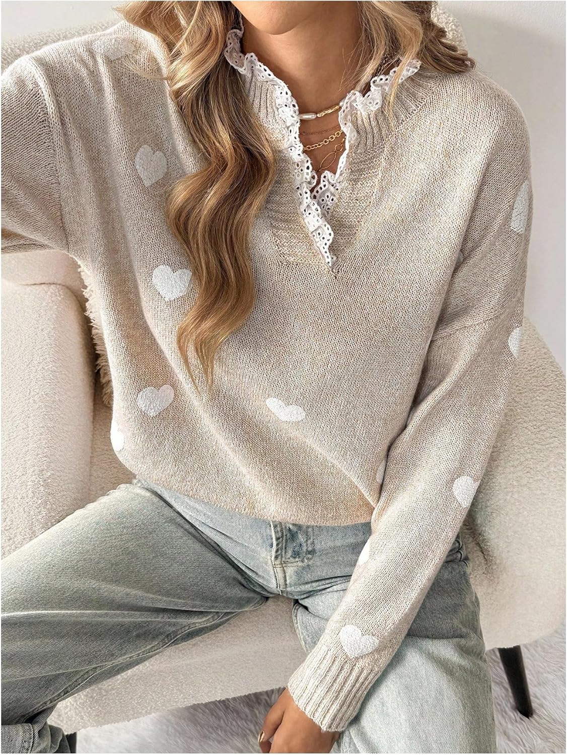 GORGLITTER Women's Heart Knitted Cozy Sweater Lace Trim Long Sleeve V Neck Cute Valentines Fall Trendy Pullover Top - Image 5