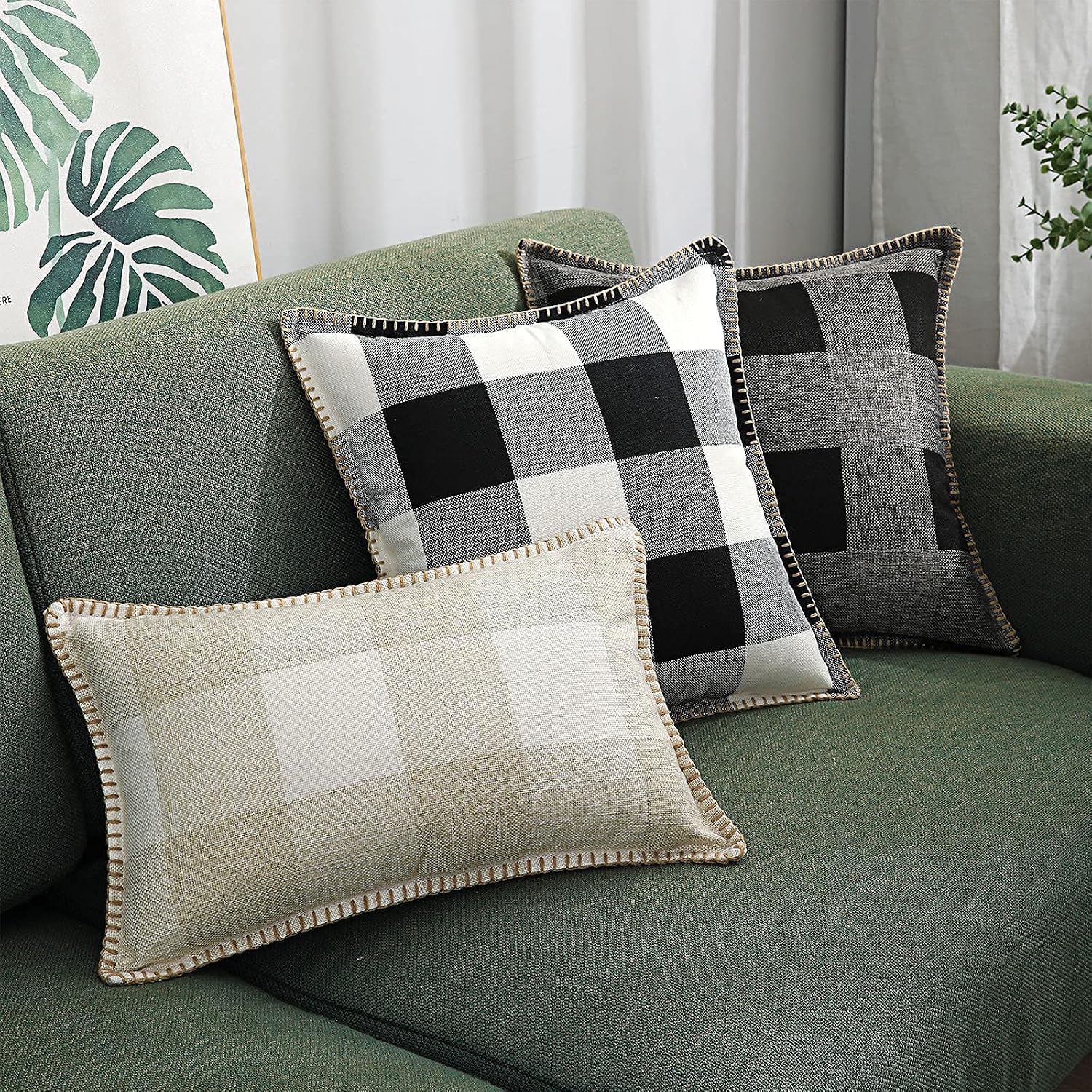 Pallene Black and White Buffalo Check Plaid Throw Pillow Covers, Set of 2 Trimmed Edge Farmhouse Decorative Cushion Case for Fall Home Décor Couch Sofa Bed, 22x22 inch