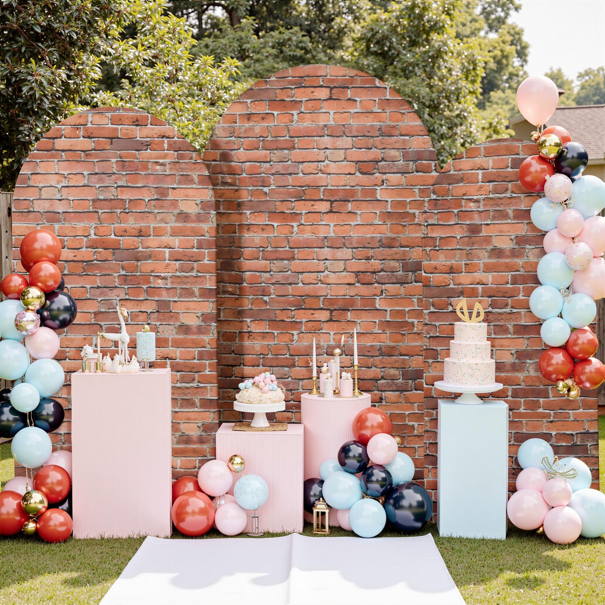 gogoparti Red Brick Arch Cover 7.2FT、6.6FT, 6FT Spandex Fitted Wedding Arch Stand Cover 3 Sets Round Top Chiara Arch Backdrop Stand Cover for Birthday