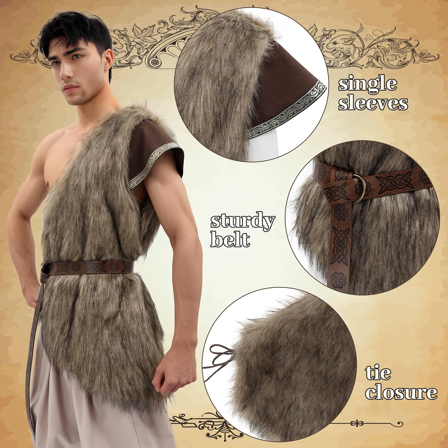 Medieval Faux Fur Vest with Belt Brown Waistcoat Renaissance LARP Halloween Costume Men - Image 3
