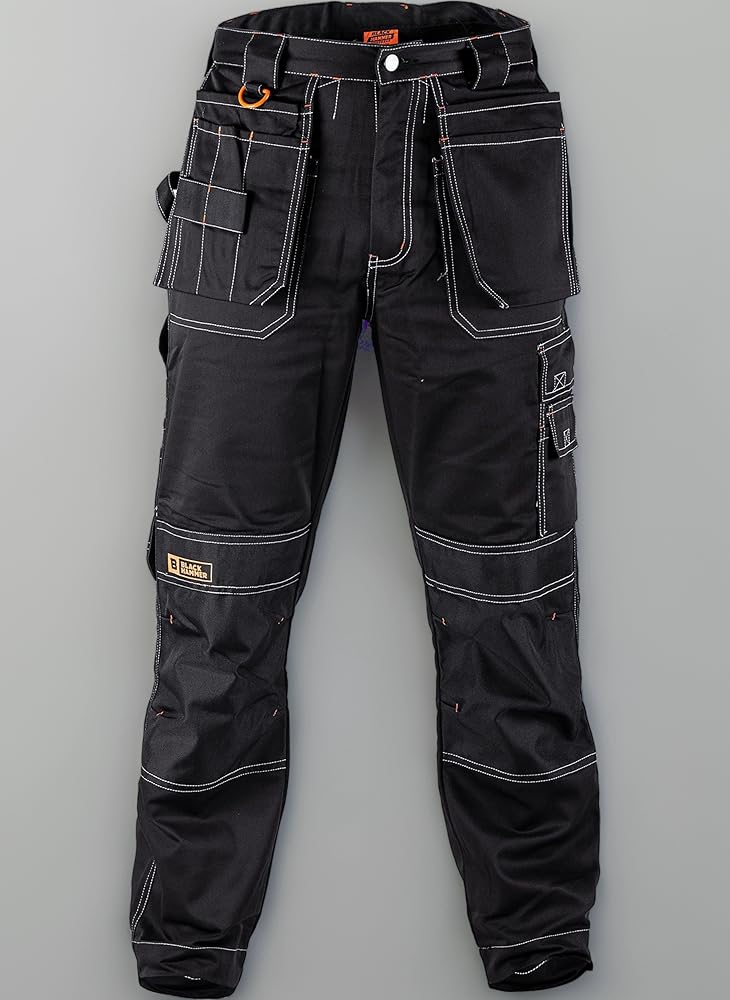 Black Hammer Mens Work Trousers Multi Pockets Cargo Triple Stitched Reinforcing Stress Points Knee Pad Pockets Godzilla Workwear Trade Pants (32W / 29L Short