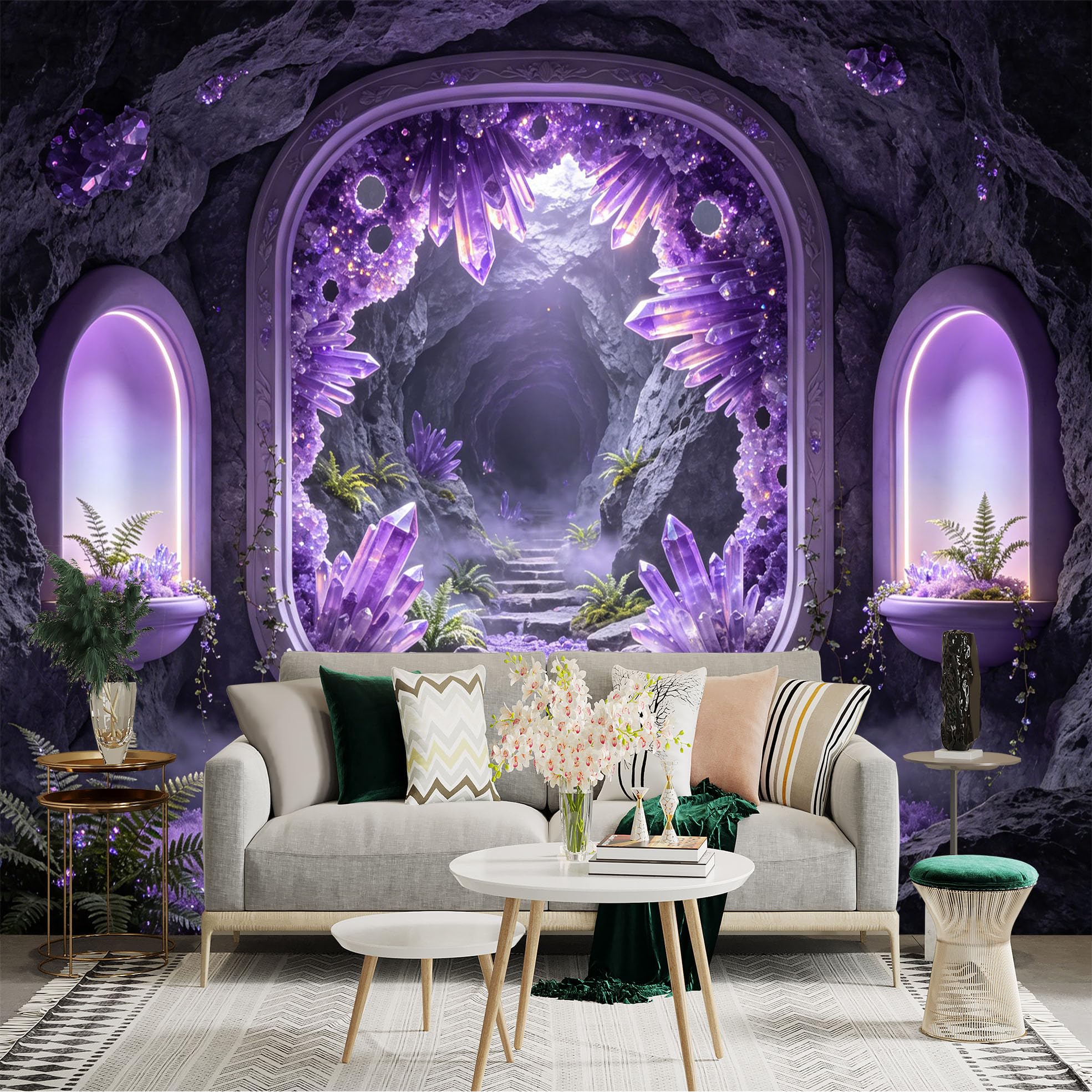 Custom Size Wall Sticker Mural， Purple Crystal Cave with Ferns and Dreamy Fantasy Tunnel， for wall Decoration， peelandstick wall Decals.