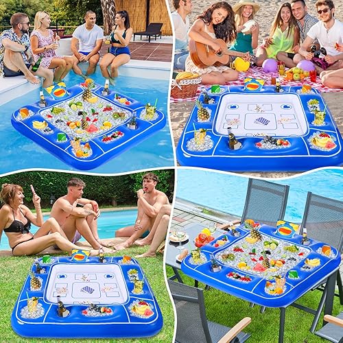 Miniatura 7 de Mesa de juego inflable para piscina con cartas impermeables (35.5 x 35.5 pulgadas, azulblanco)