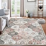 ROYHOME Machine Washable Moroccan Trellis Distressed Area Rug - Stain Resistant Non-Slip Floor Carpet - Vintage Medallion Accent - Farmhouse Dining Table - Bedroom, Cream/Multi, 4 x 6 Feet