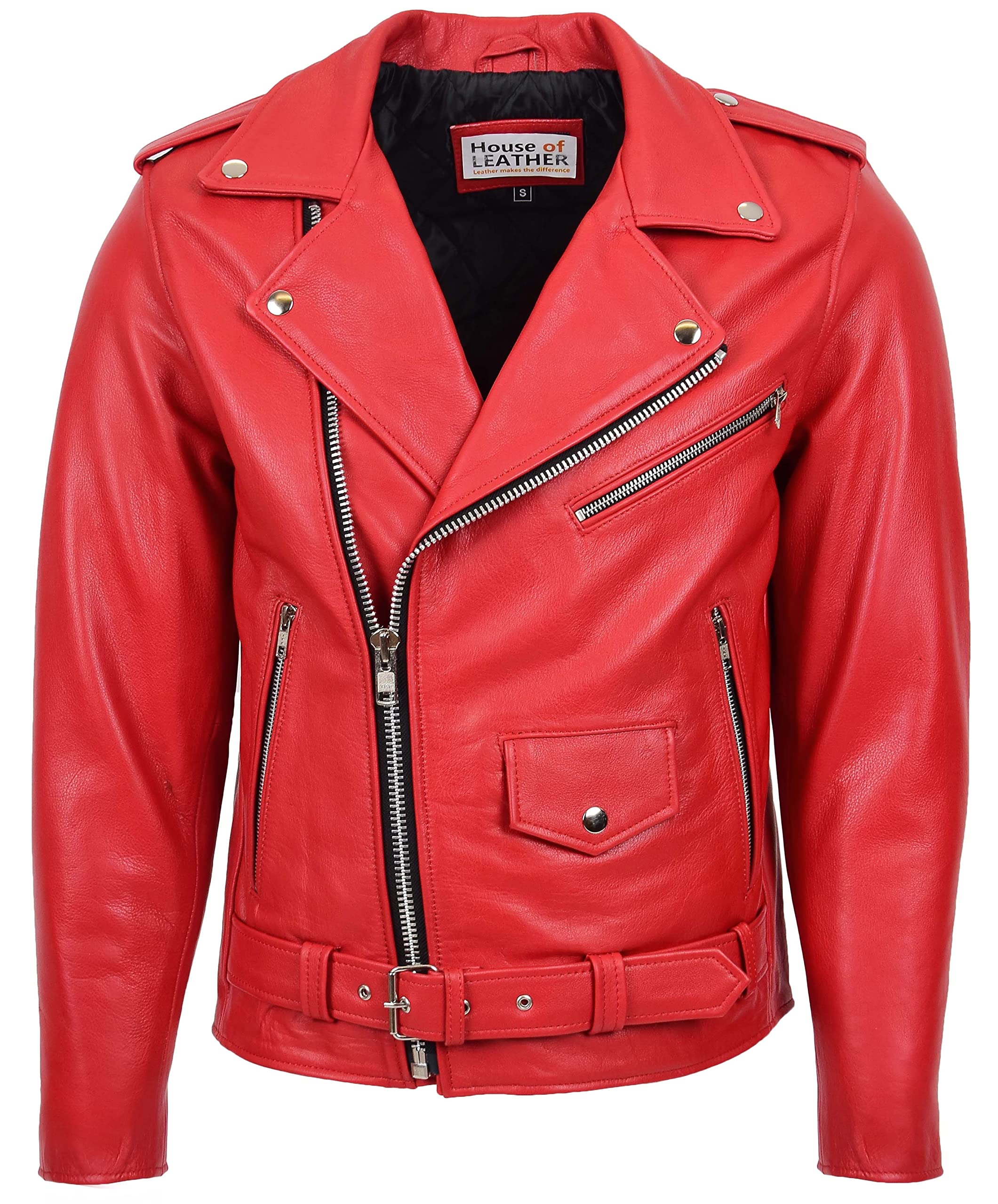 Mens Real Leather Biker Jacket Cross Zip Brando Style Kyle (S, Red)