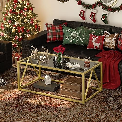 Miniatura 3 de Mesa de Café de Vidrio HOOBRO, Mesas de Café Doradas para Sala de Estar, Mesa de Café de Vidrio Dorada, Mesa Central de 1 Capa, Moderna, para