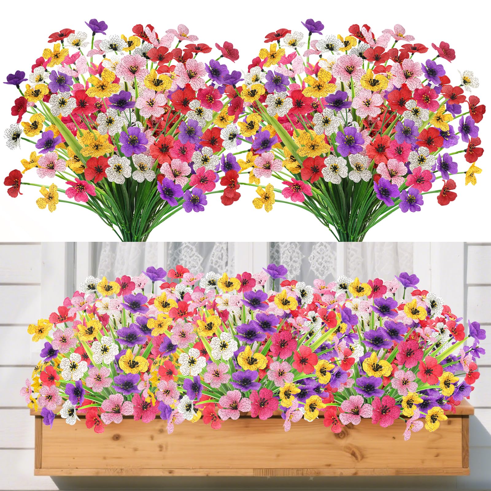 Yueshop 12 Bundles Artificial Flowers, UV Resistant Artificial Flowers Fake Plants Outdoor, 6 Colors Realistic Faux Plastic Spring Flower in Pots Indoor for Home Garden Porch Balcony Window Box Decor