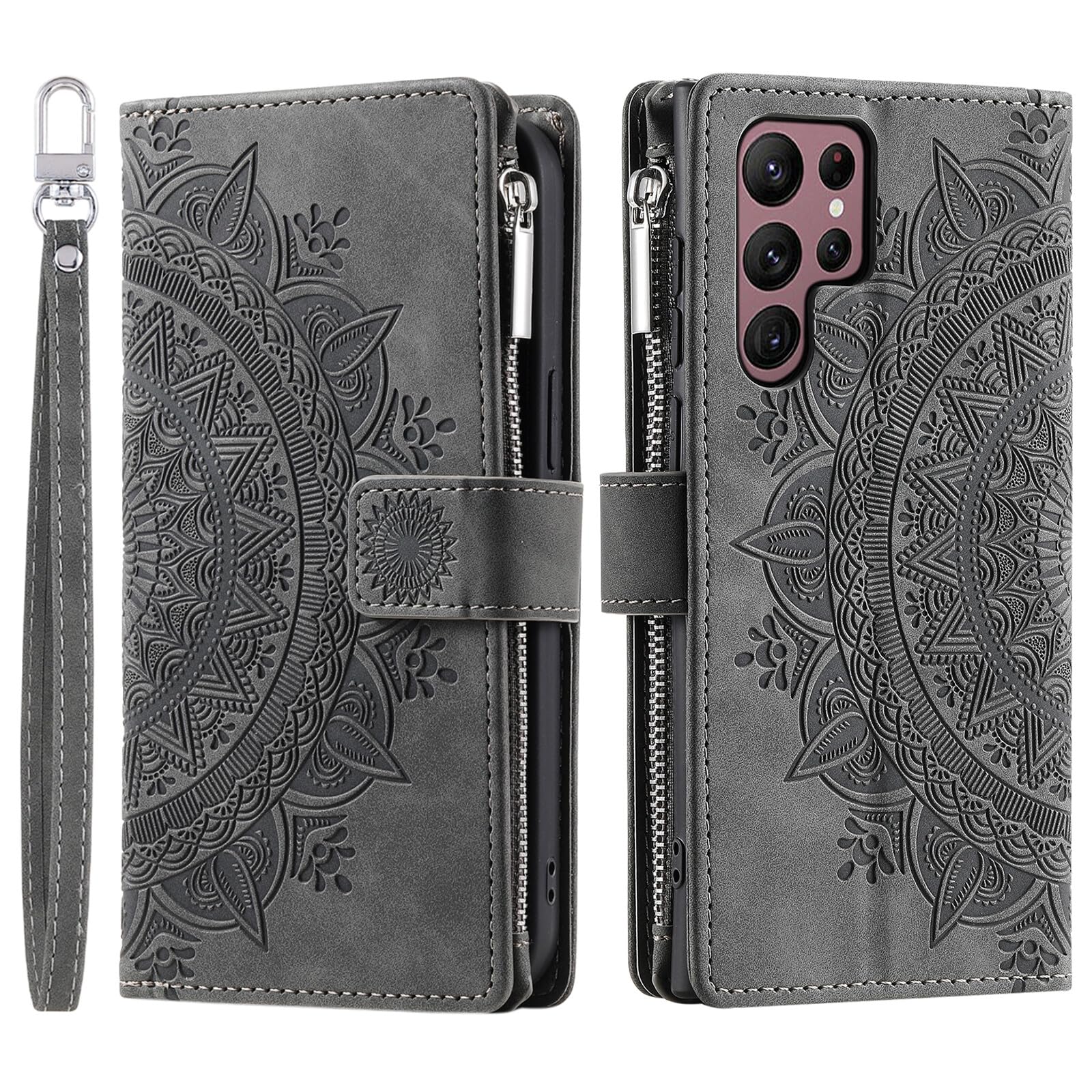 Étui Samsung Galaxy S26 Plus en cuir gris à fermeture éclair - 7