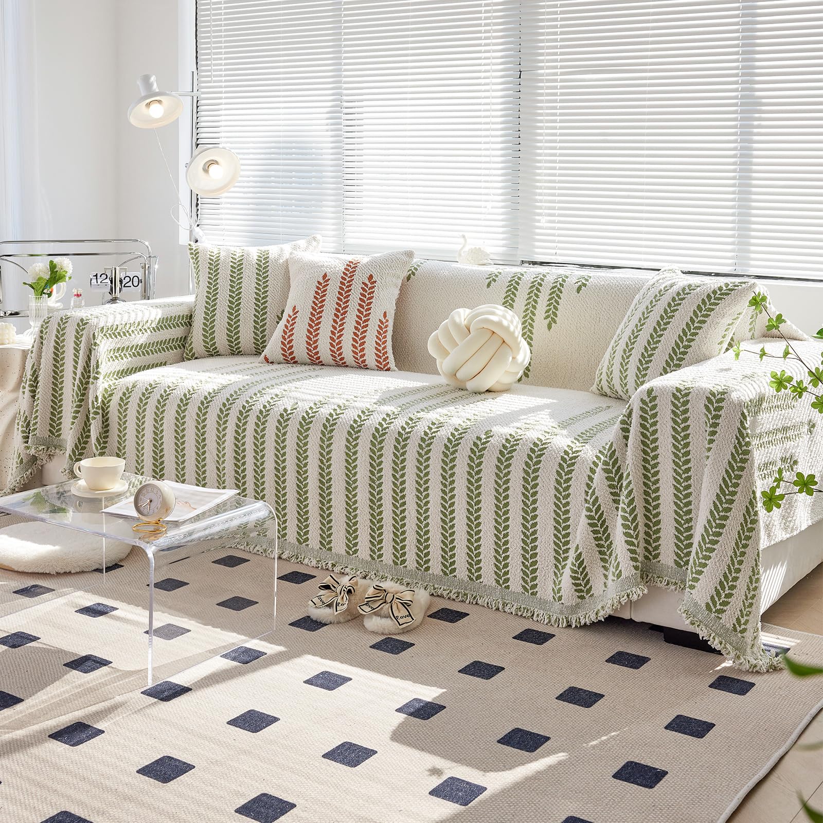 Multifonctionnel Plaid Canape Jeté de Canapé Grande Taille,Housse de Canapé, Couverture de Canapé à Motif Botanique, Couverture Canapé Automne/Hiver 180 * 300cm-Vert