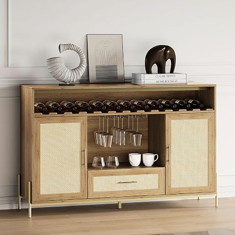 BELLEZE Coffee Bar Cabinet, 55" Rattan Liquor Cabinet, Boho Farmhouse Sideboard Buffet Cabinet with Storage, Accent Bar Cabinet for Living Room, Dining Room, and Entryway - Marcel (Camel)