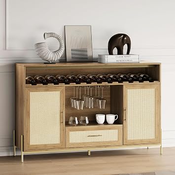 BELLEZE Coffee Bar Cabinet, 55" Rattan Liquor Cabinet, Boho Farmhouse Sideboard Buffet Cabinet with Storage, Accent Bar Cabinet for Living Room, Dining Room, and Entryway - Marcel Camel