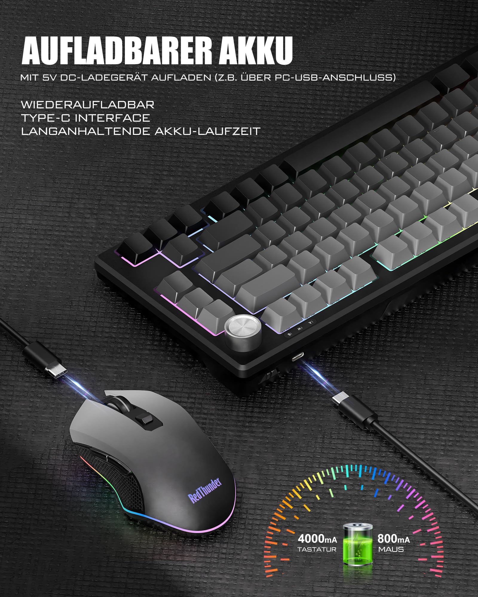 RedThunder K75 Gaming Tastatur und Maus Set Kabellos, 75% US Layout, TKL Membrantastatur, 2,4G/USB/BT, 4800 DPI, 4000 mAh (Gradient Grey)